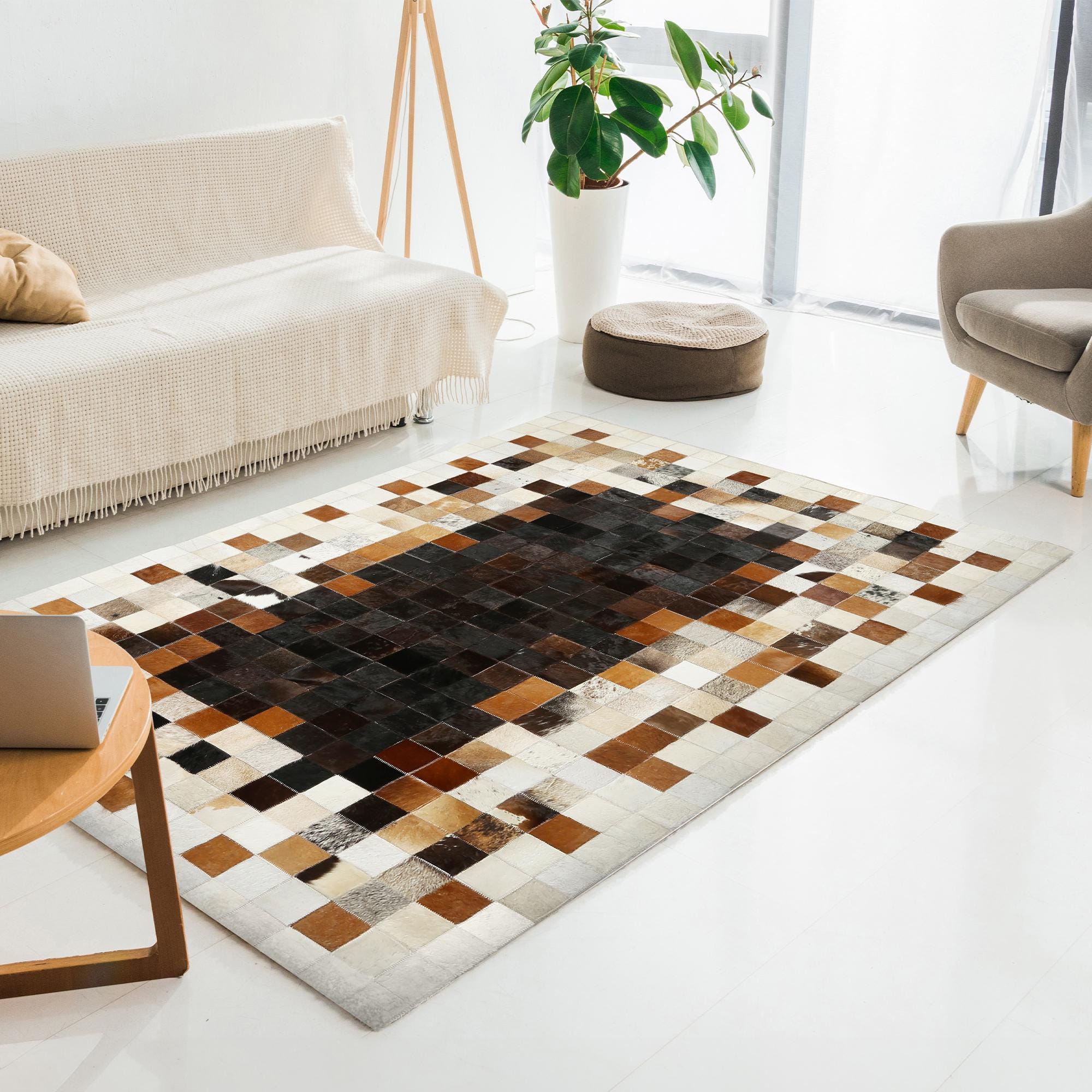 Genuine Black & Brown Cowhide Patchwork Rug