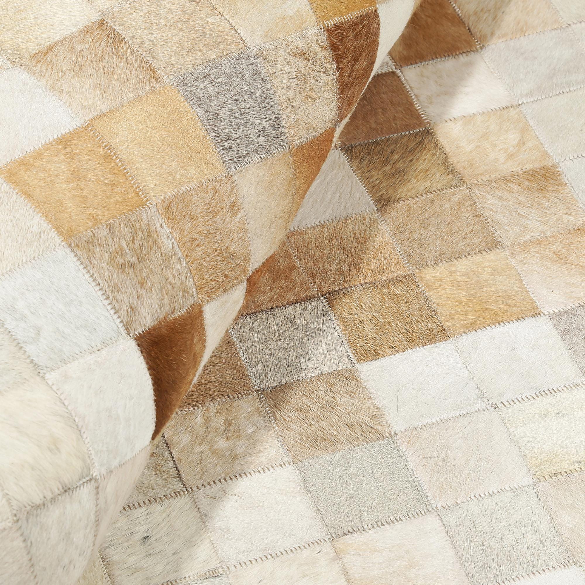 Brown & Cream Checkered Pattern Patchwork Calfskin Rug