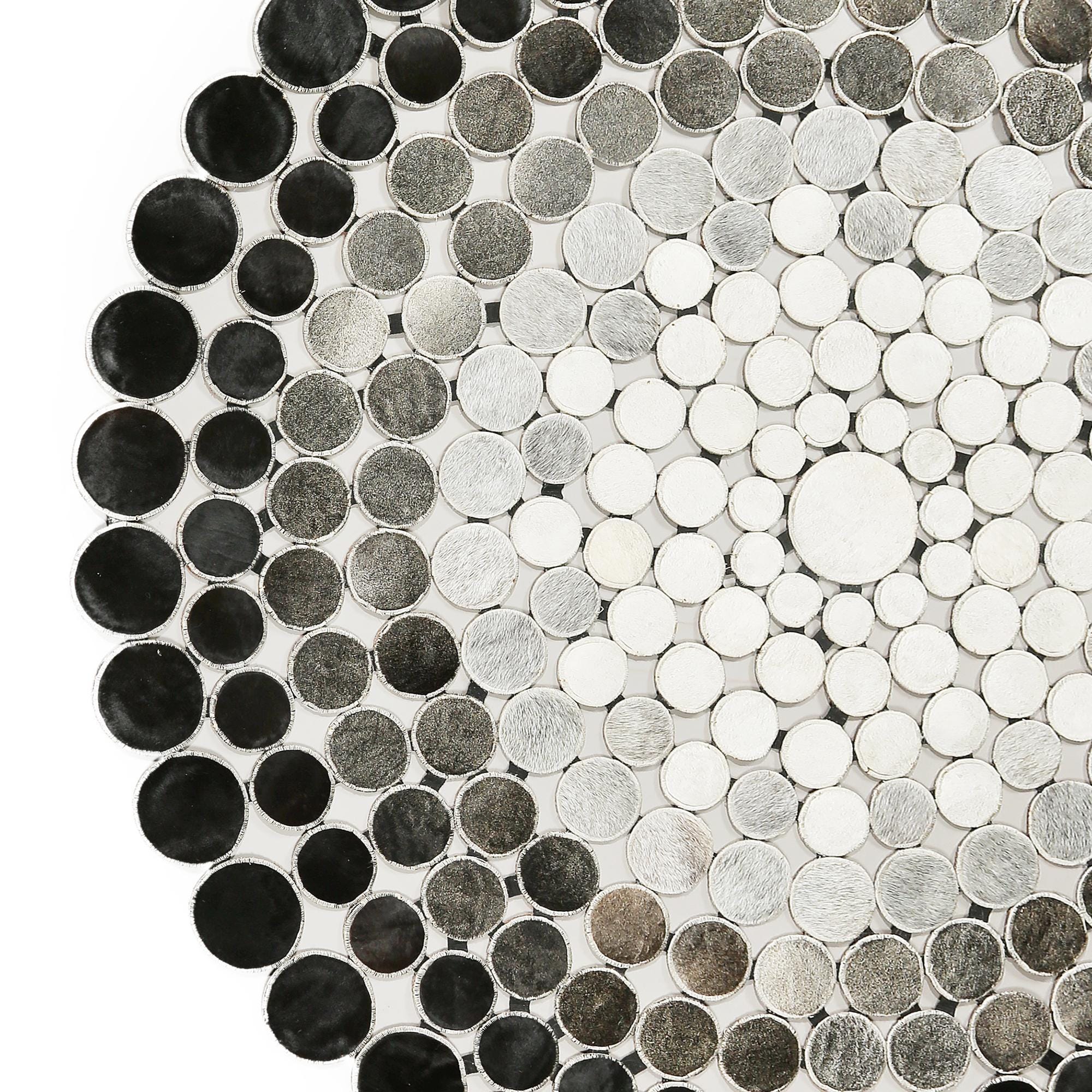 Round Polkadot Cowhide Rug, Handmade Black White and Grey Patchwork Carpet
