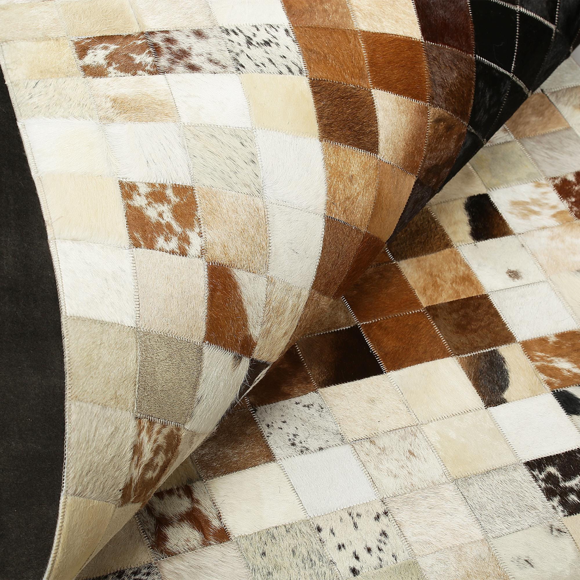 Brown Checkered Patchwork Cowhide Rug with Cream Border
