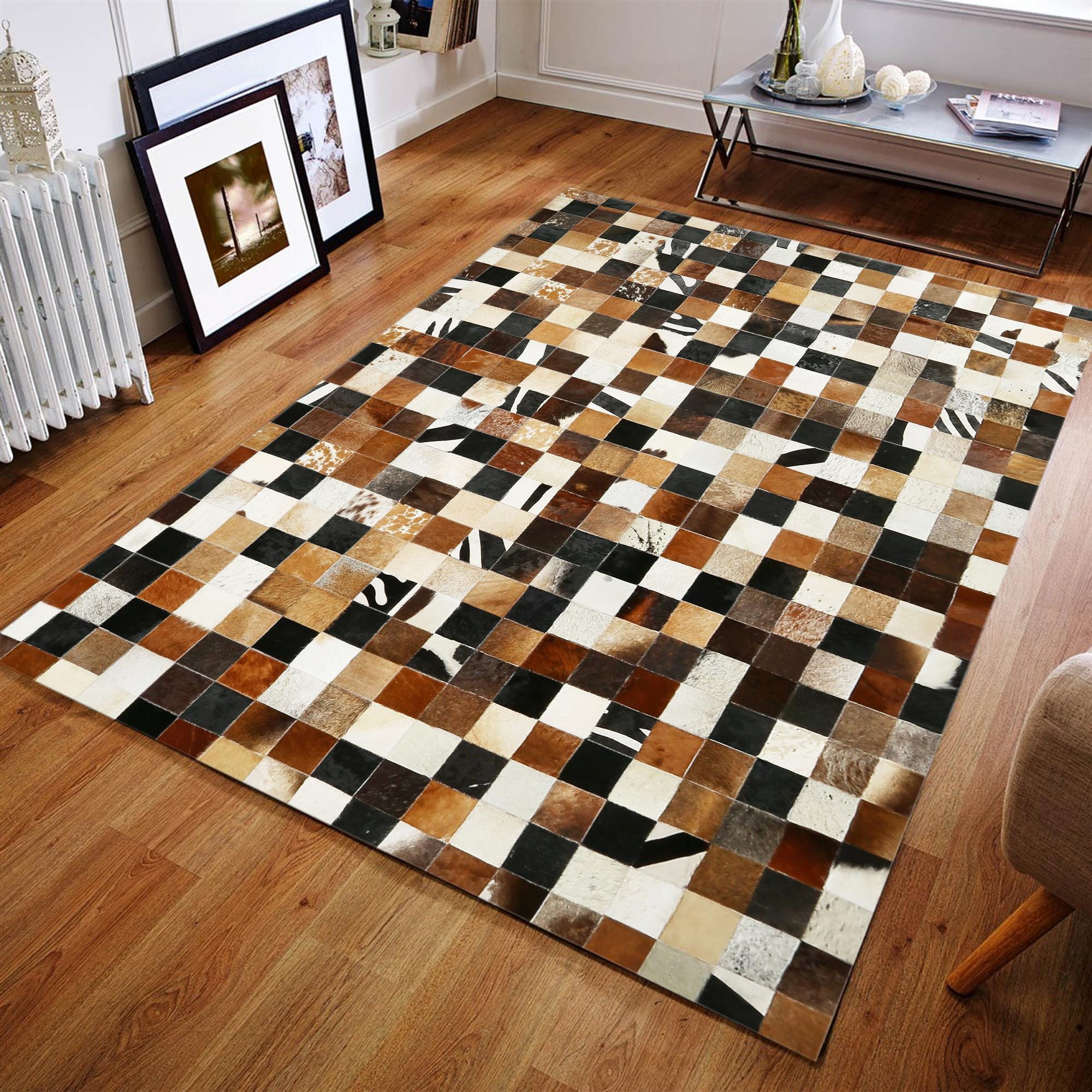 Multi Textured Cowhide Patchwork Rug, Ombre Cowhide Patchwork Rug, Handmade Genuine Leather Carpet