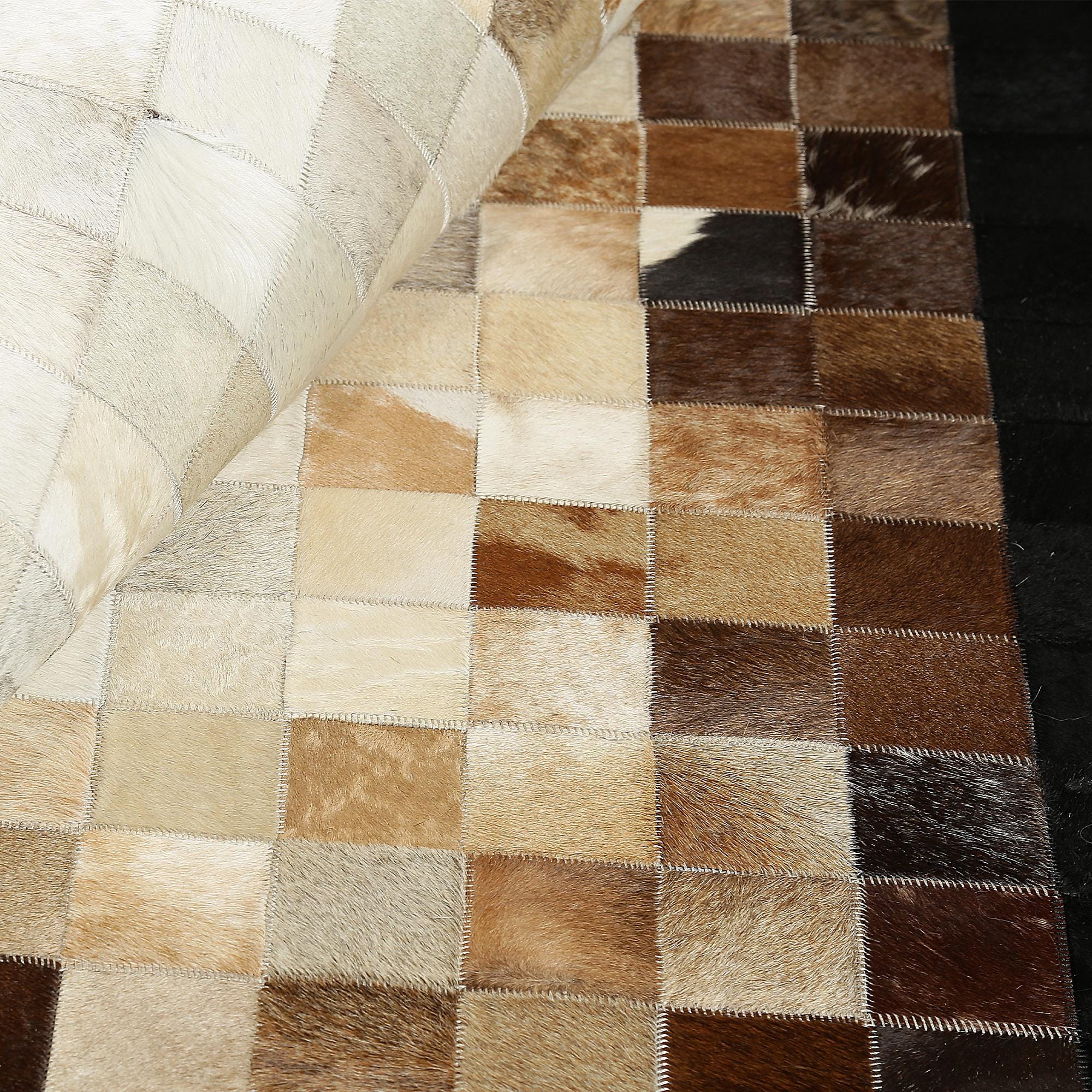 Brown Border Beige Checkered Cowhide Patchwork Rug, Handmade Genuine Leather Carpet