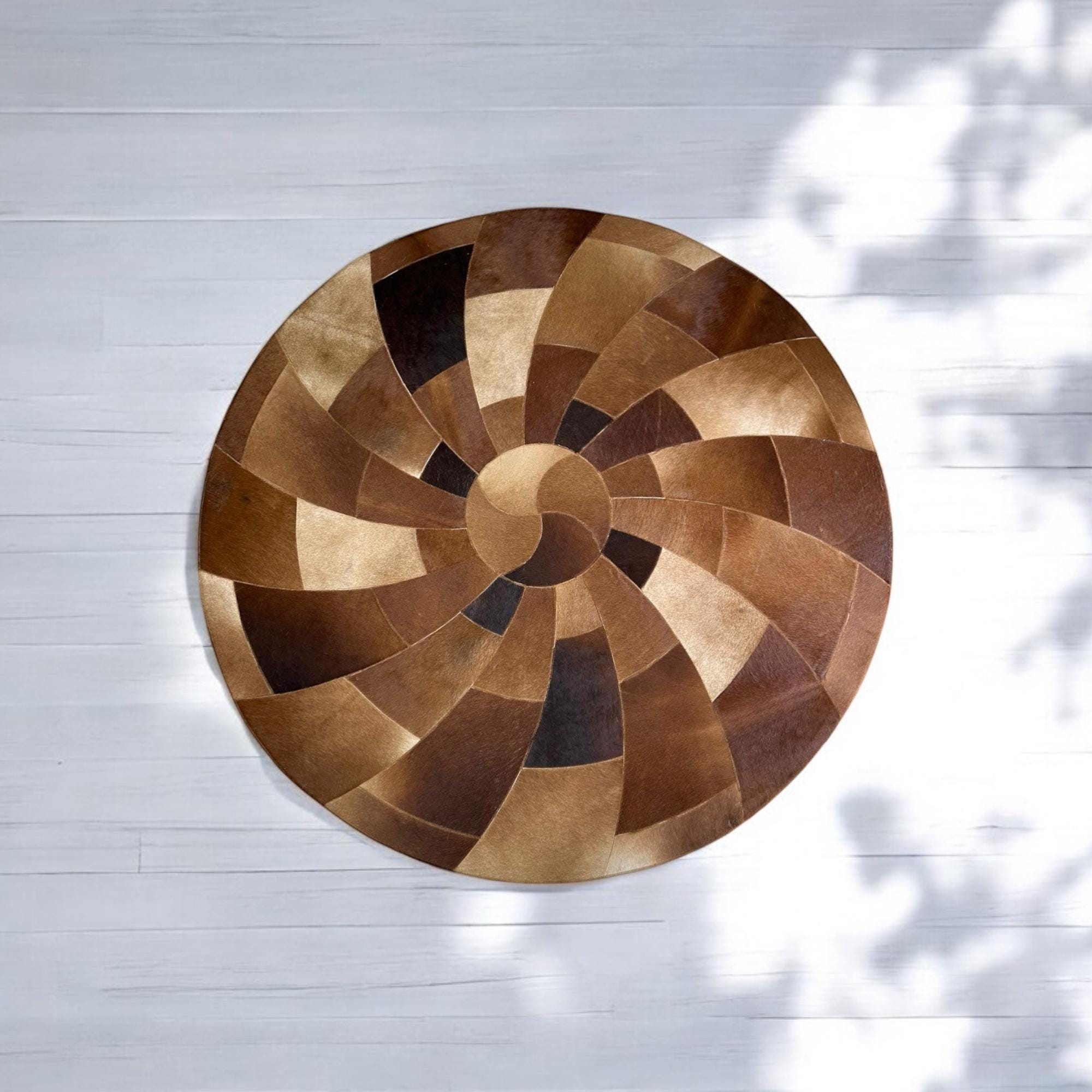 Round Spiral Cowhide Rug – Brown Patchwork Leather Circle Carpet