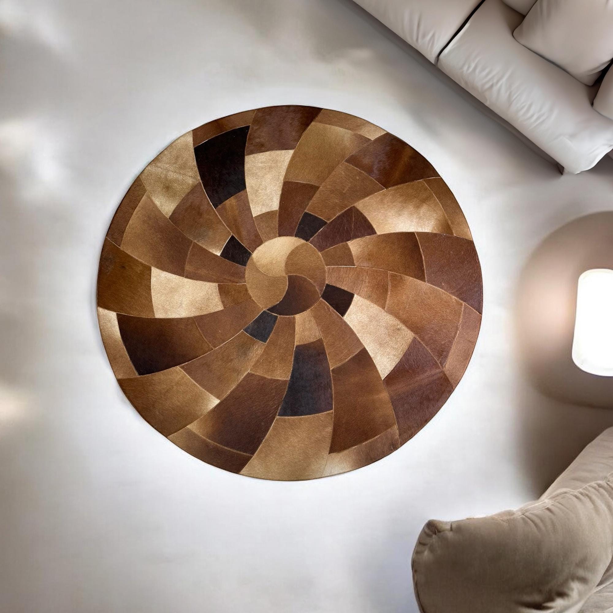 Round Spiral Cowhide Rug – Brown Patchwork Leather Circle Carpet