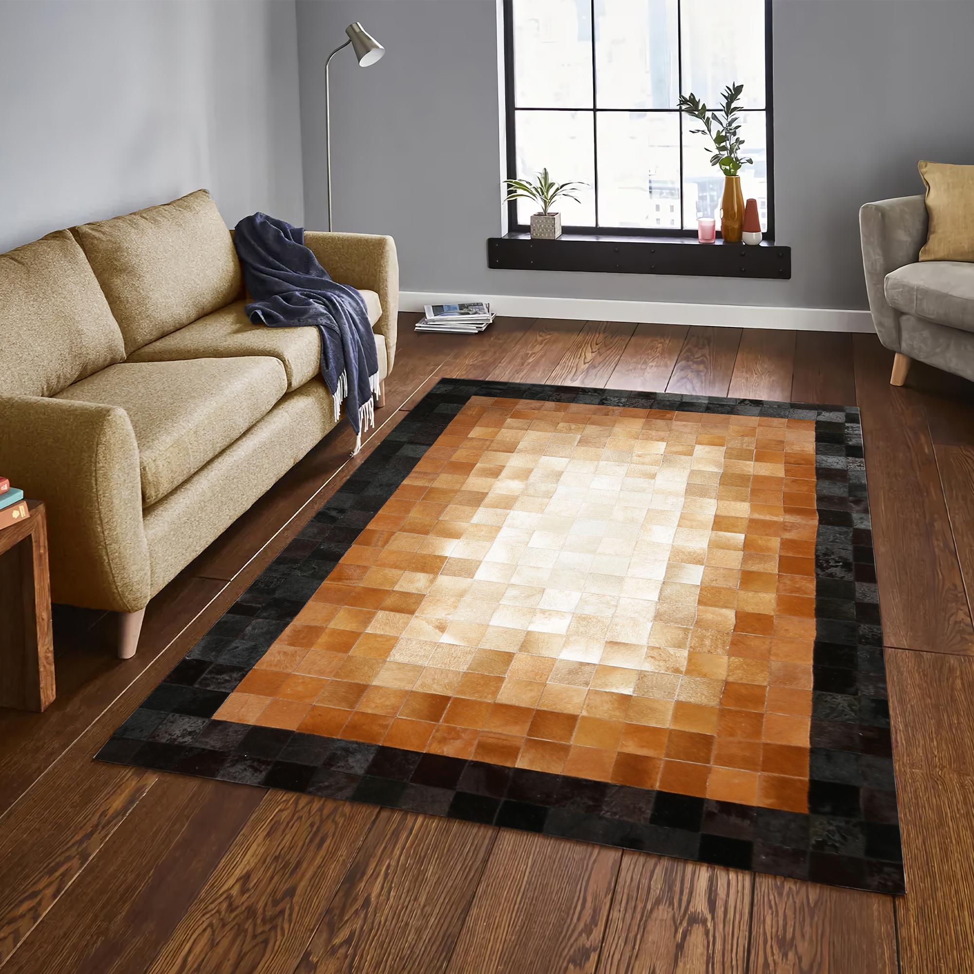 Brown & Beige Cowhide Rug with Black Border, Large Area Rug for Living Room