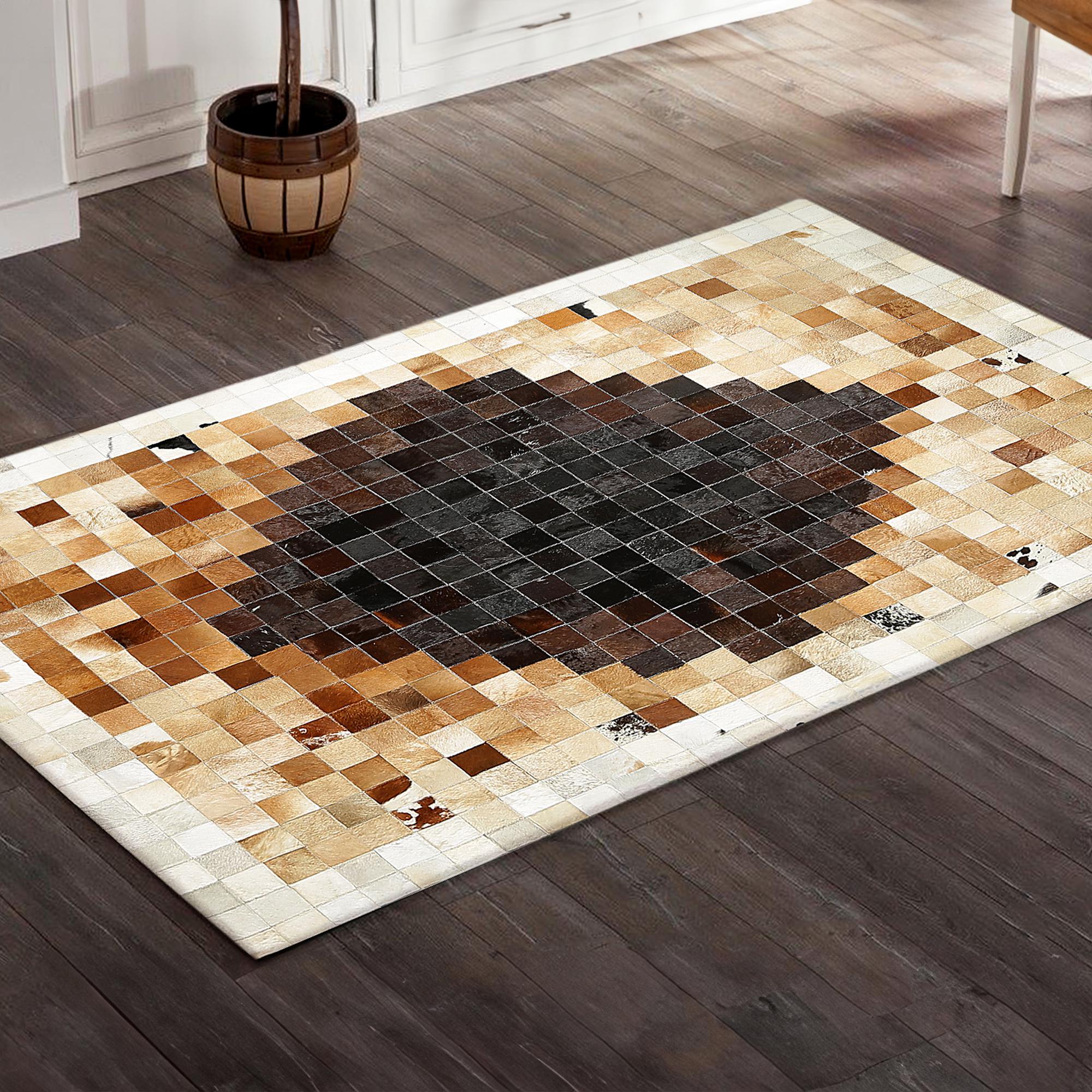 Handmade Brown and Cream Cowhide Patchwork Rug, Genuine Leather Area Carpet