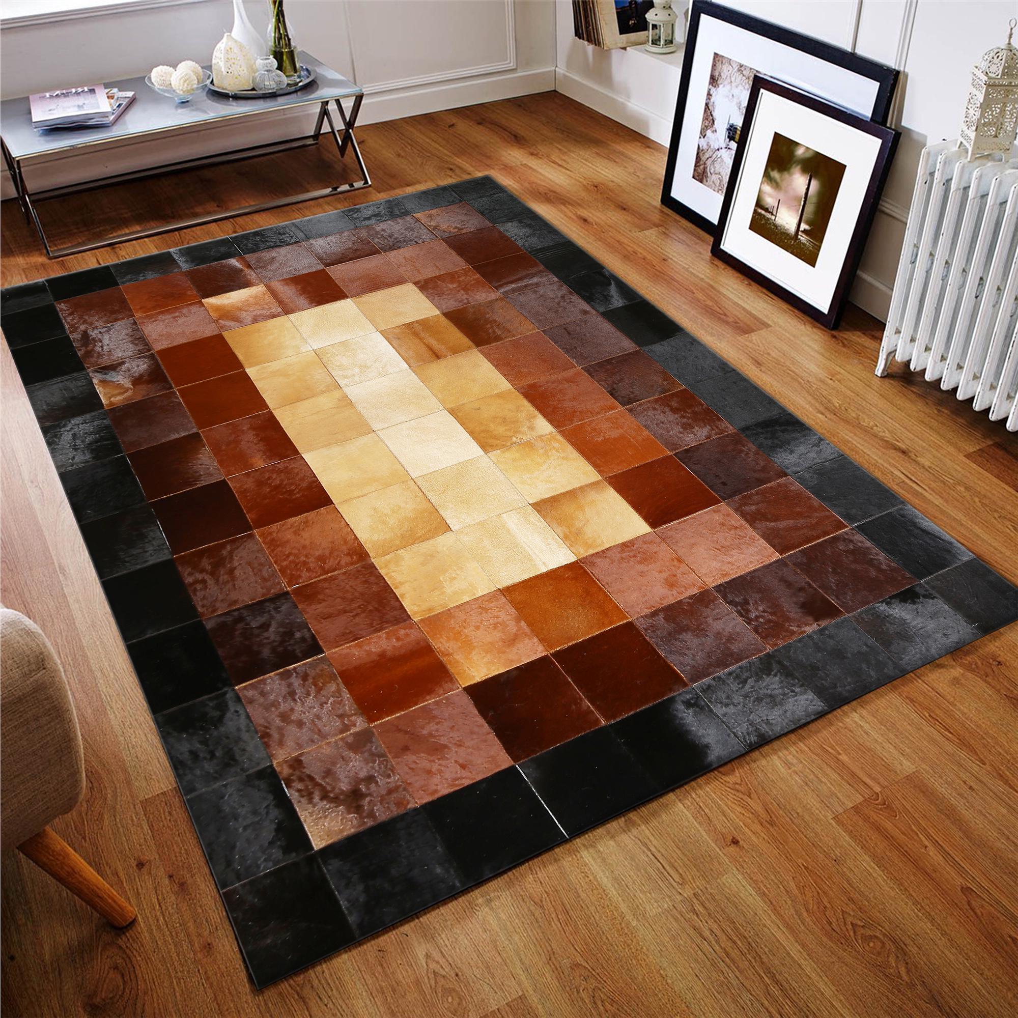 Checkered Pattern Black and Brown Cowhide Patchwork Rug