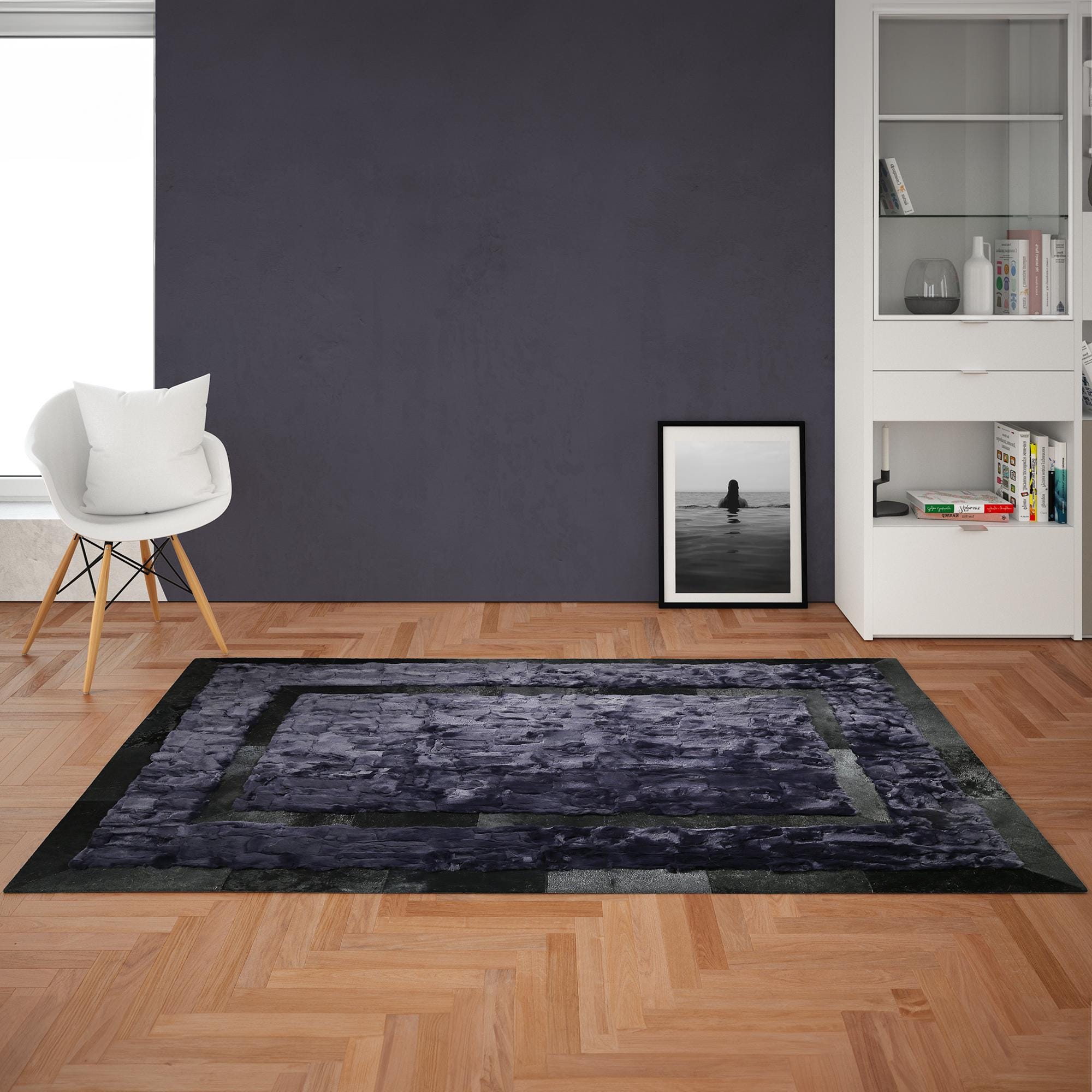 Night Blue Plush Fur Carpet with Black Frame