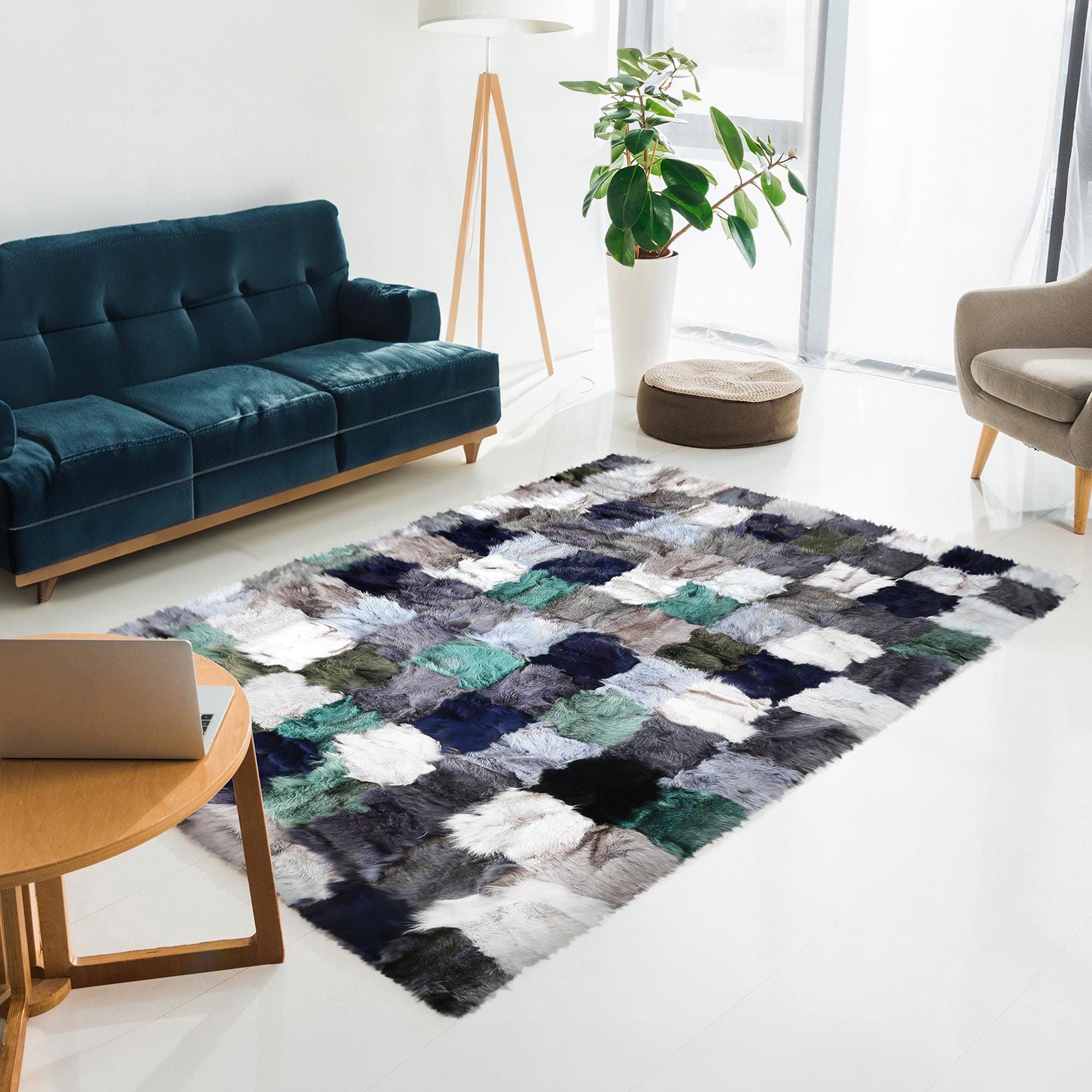 Patchwork Rex Rabbit Fur Rug – Handmade Multicolor Area Rug with Green, Navy, Grey & White Tones, Custom Size Luxury Soft Fur Carpet