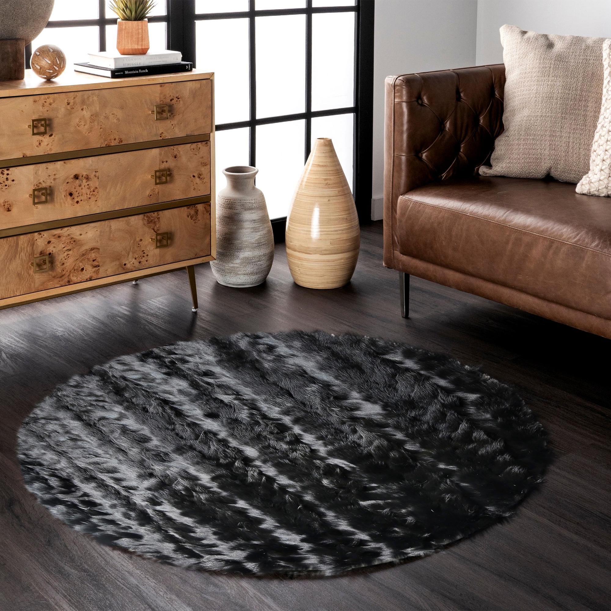 Black Fox Fur Round Carpet, Genuine Fox Leather Shaggy Rug, High-Pile Floor Rug, Moroccan Fur Rug, Handmade Circle Rug, Luxury Office Gift