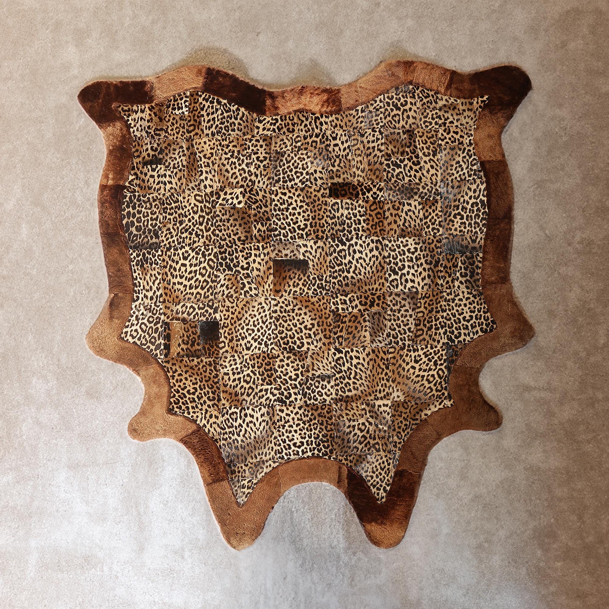 Brown Framed Leopard Print Genuine Leather Peltry Rug 5.7ft x 7.1ft
