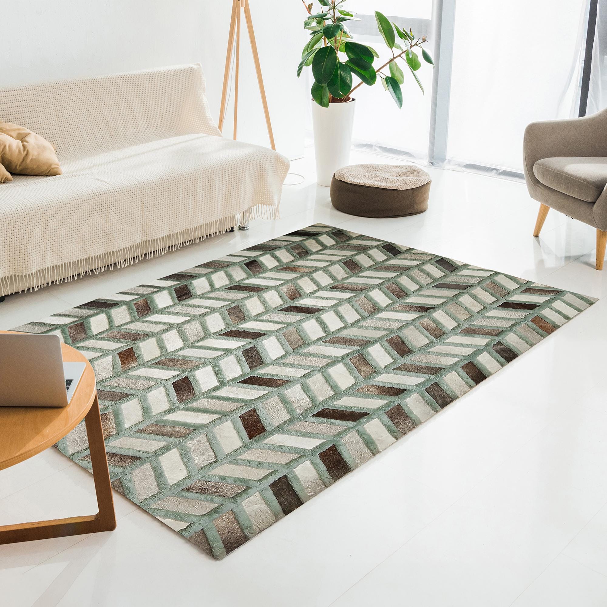 Green and Gray Geometric Cowhide Patchwork Rug, Handmade Genuine Leather Area Carpet, Modern Natural Cowhide Rug for Living Room