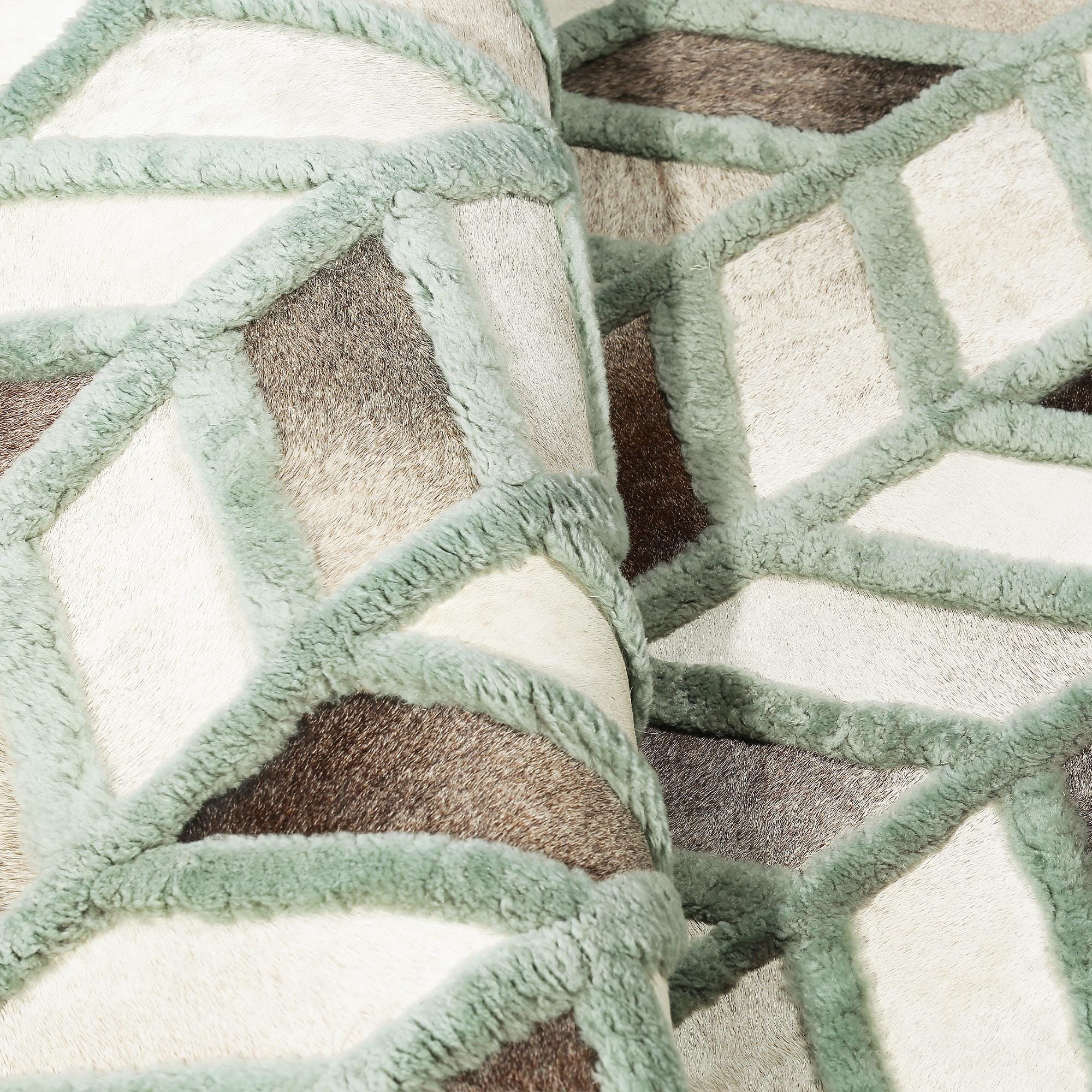 Green and Gray Geometric Cowhide Patchwork Rug, Handmade Genuine Leather Area Carpet, Modern Natural Cowhide Rug for Living Room