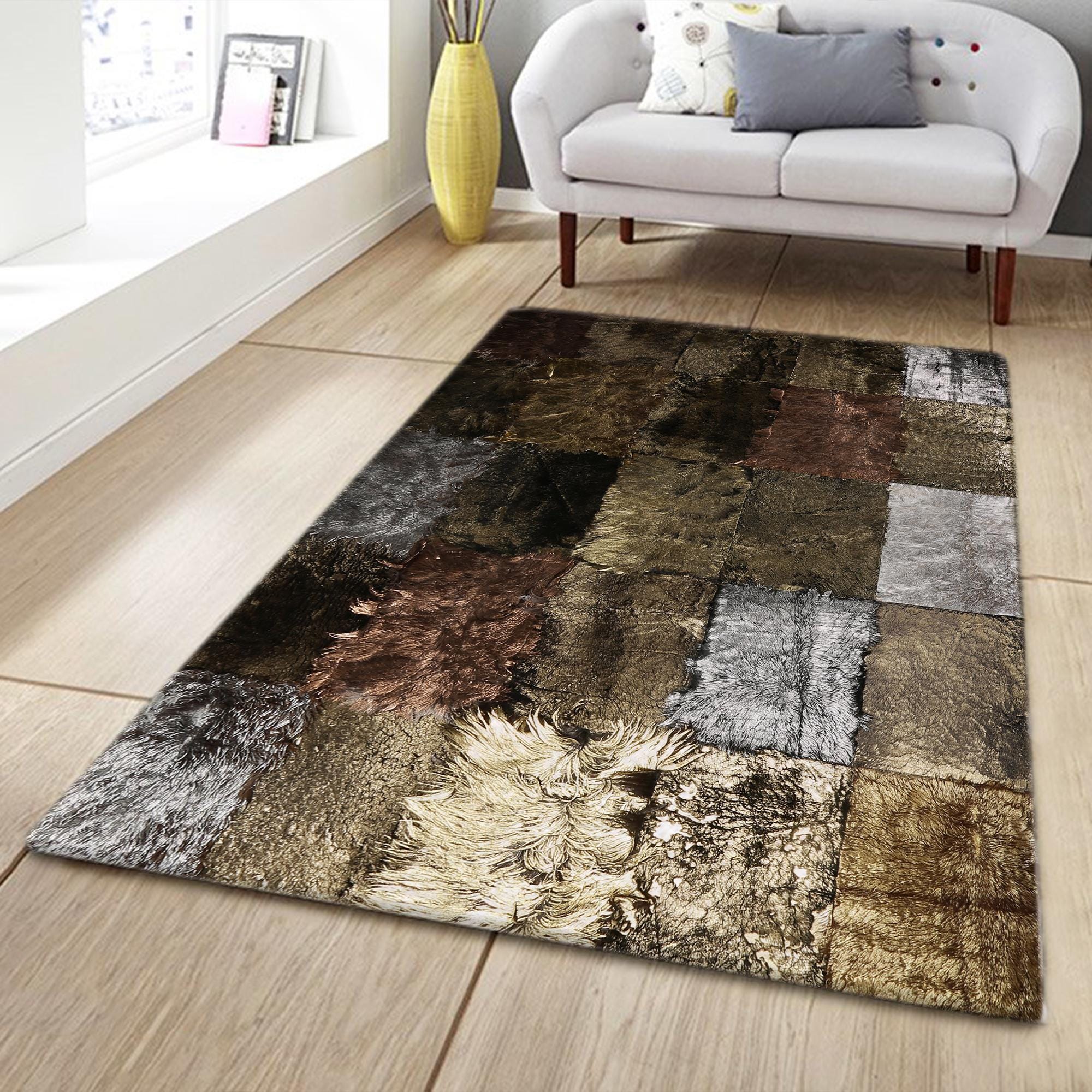 Metallic Patchwork Cowhide Rug, Luxury Gold Silver Bronze Natural Cowhide Rug