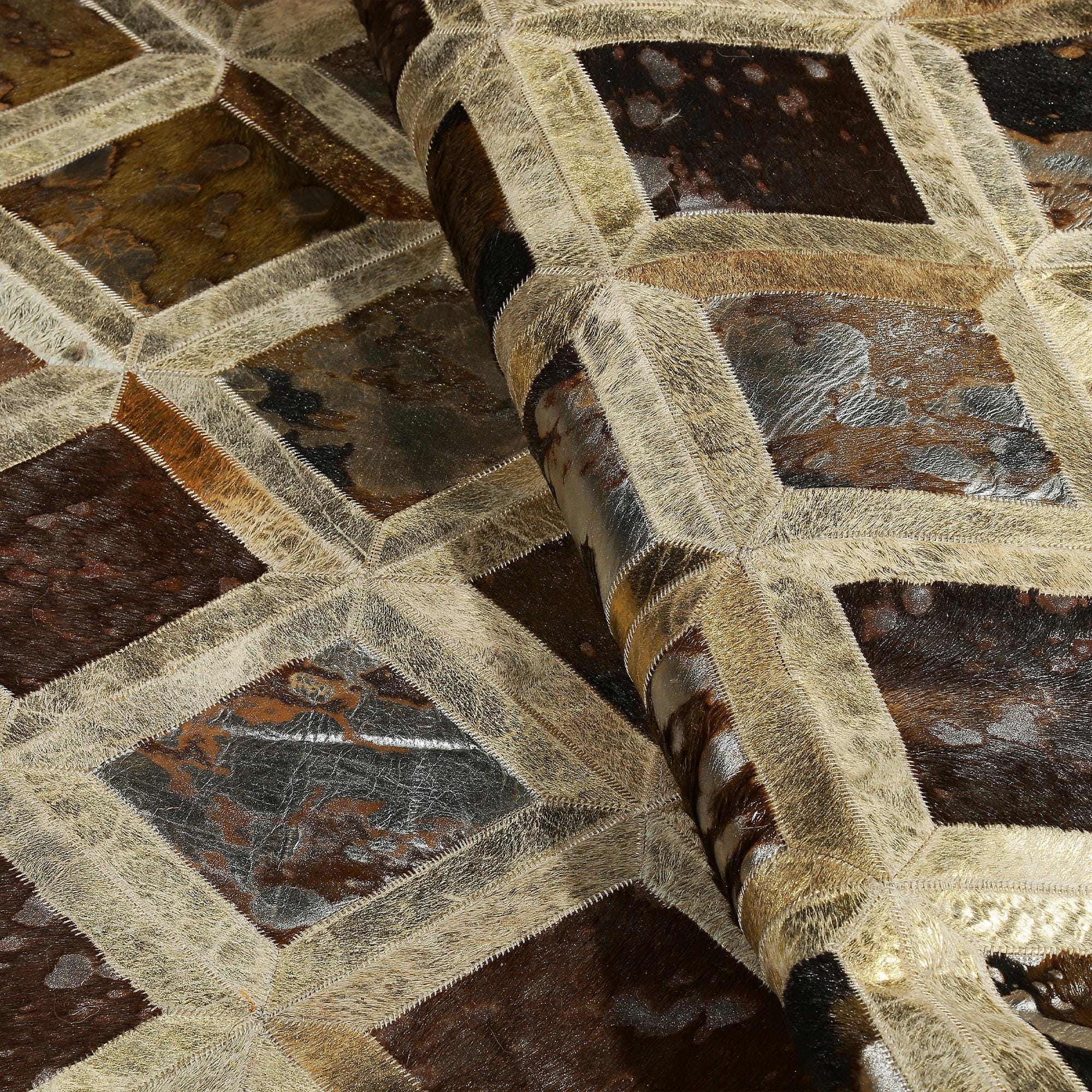 Brown and Beige Patchwork Cowhide Rug, Handmade Genuine Leather Area Carpet