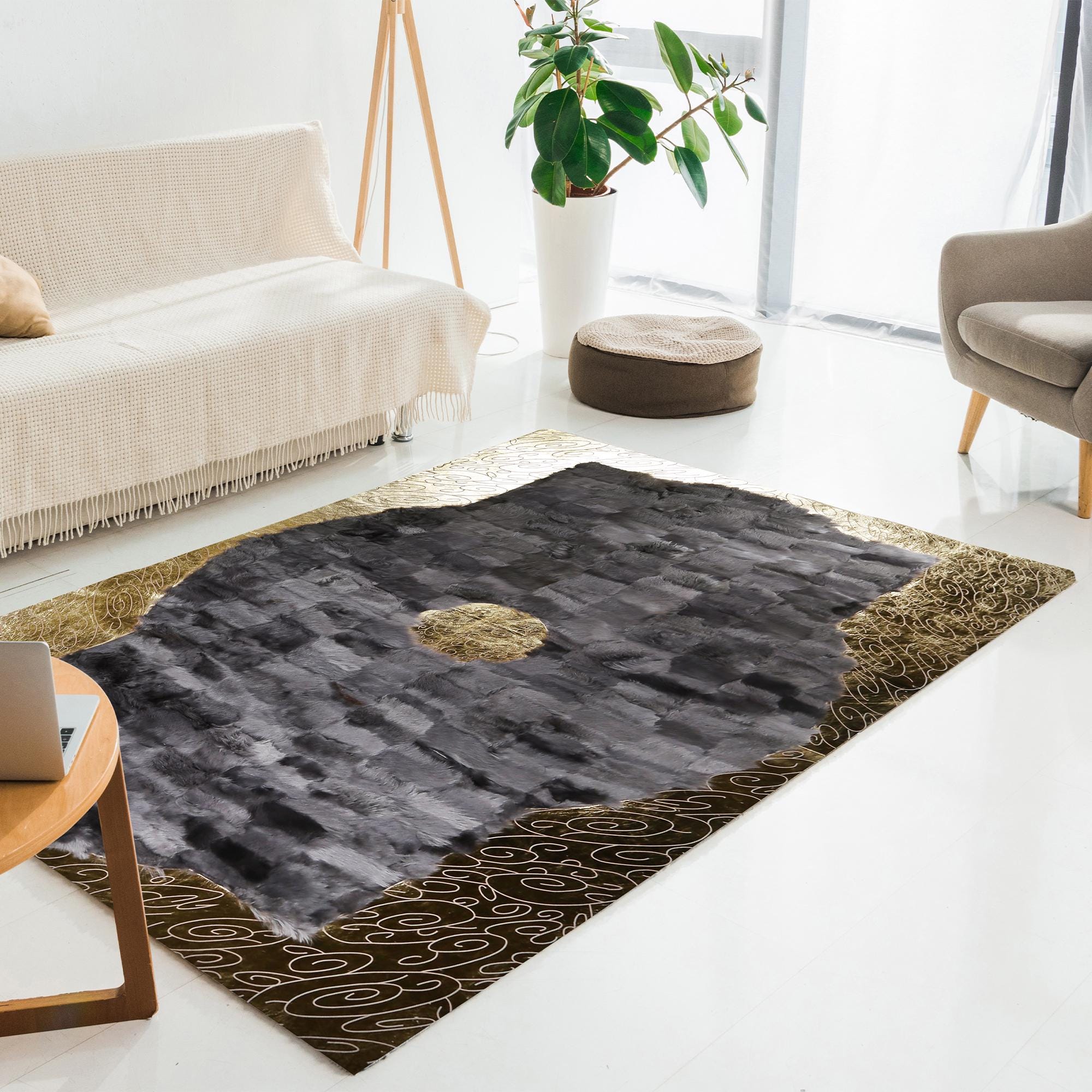Black Tuscan Leather Rug with Gold Swirl Border – Handmade Luxury Rug, Custom Size Genuine Tuscan Leather Carpet for Modern Living Room