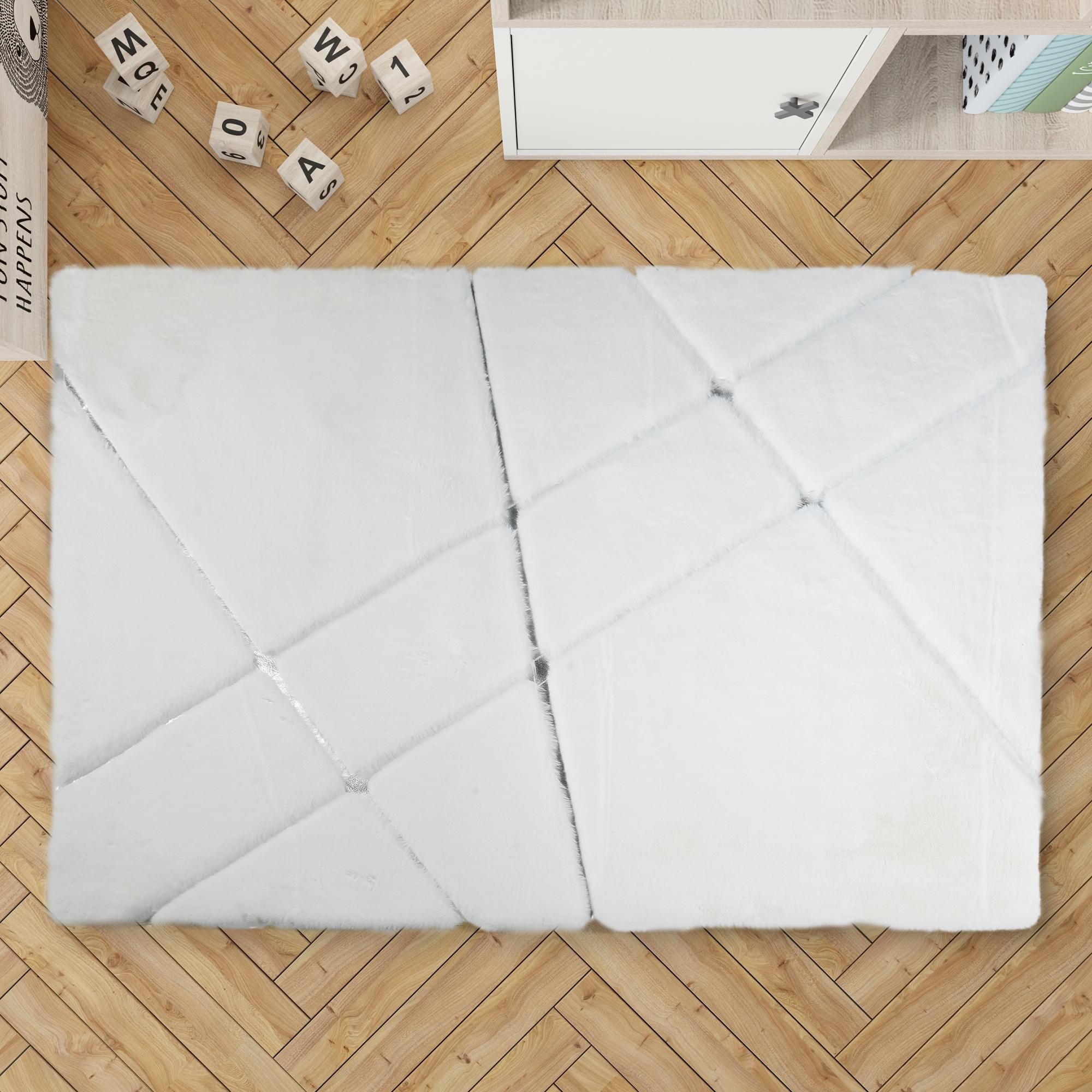 White Fur Plush Carpet with Silver Stripes