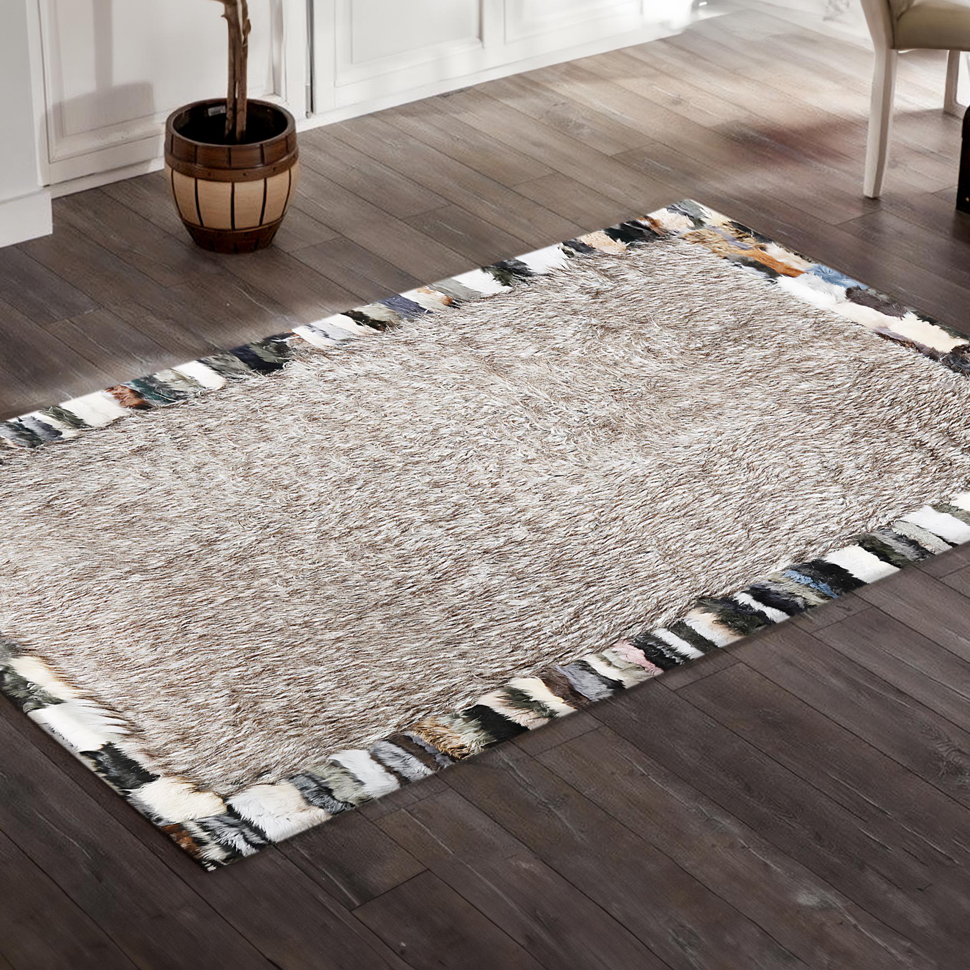Sheepskin Patchwork Area Rug – Handmade Fluffy Sheepskin Carpet with Multicolor Border, Soft Cozy Custom Size Rug for Living Room & Bedroom
