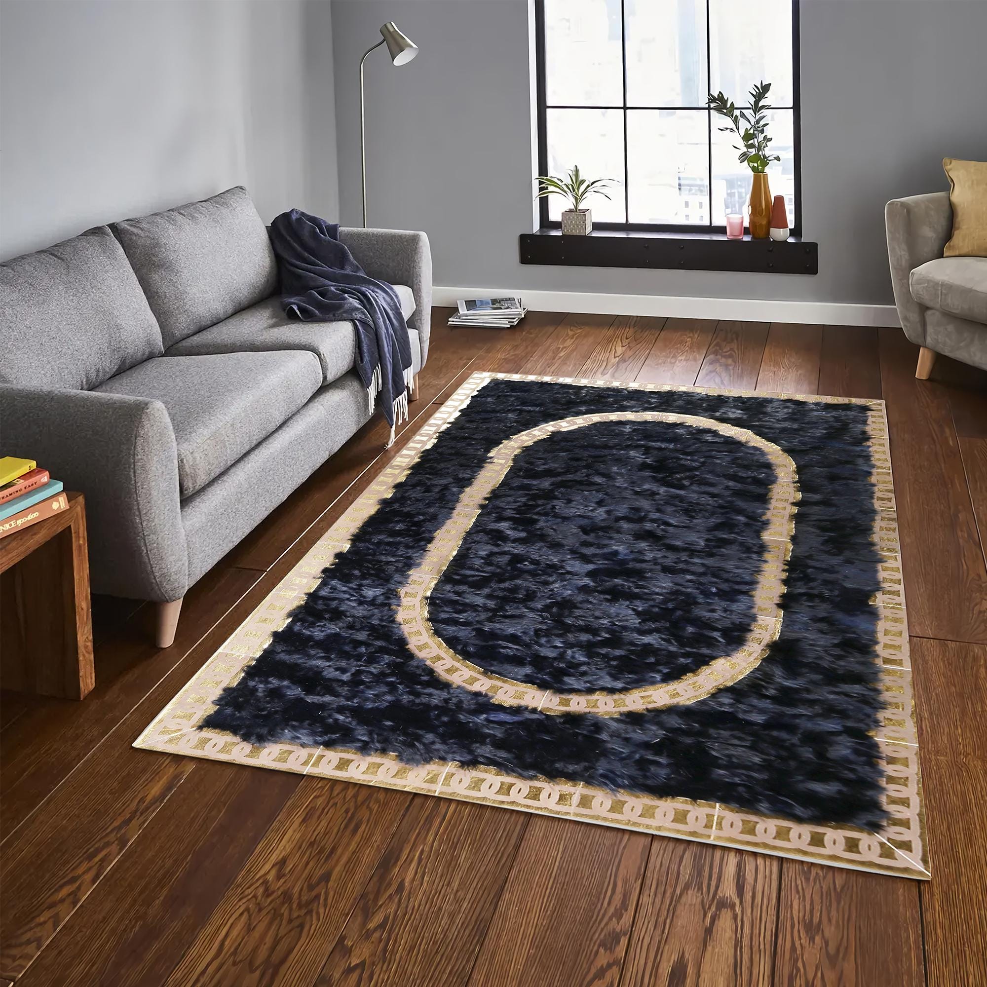 Black Tuscan Leather Rug – Handmade Luxury Rug with Gold Chain Border, Custom Size Genuine Tuscan Leather Carpet for Living Room