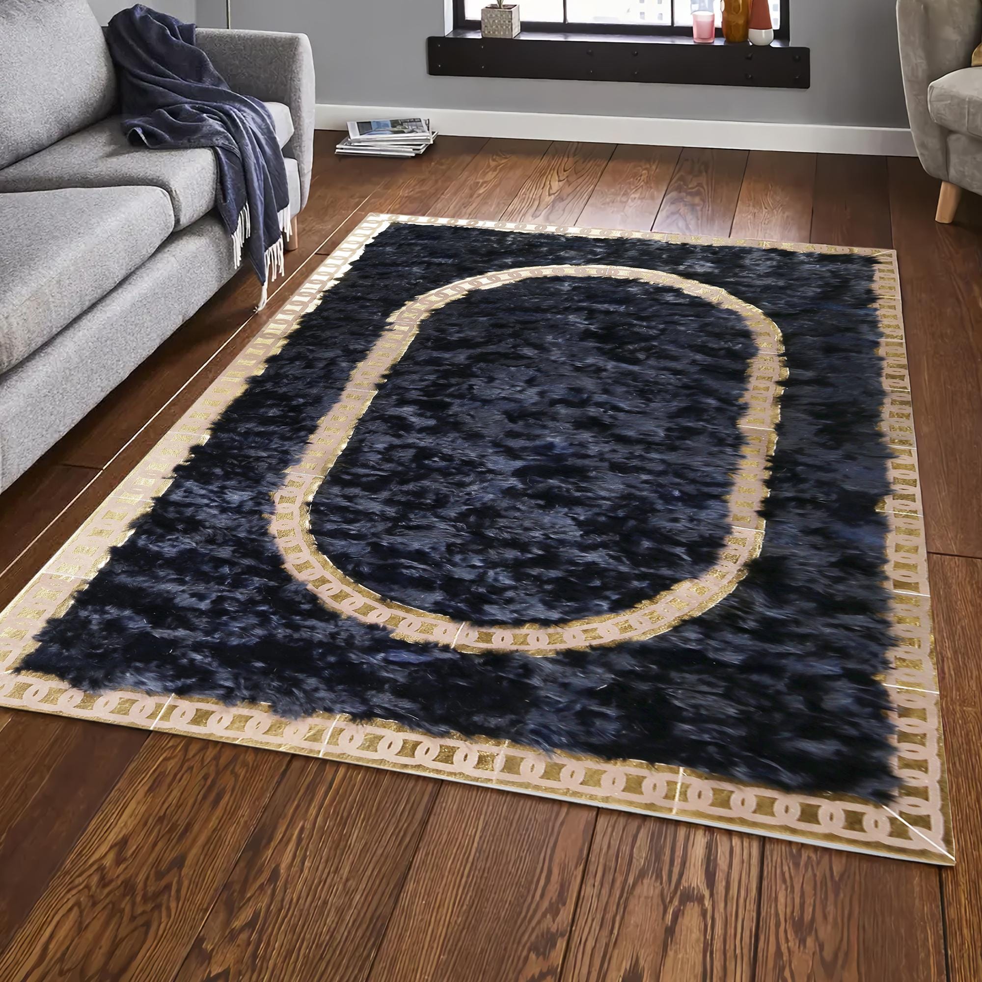 Black Tuscan Leather Rug – Handmade Luxury Rug with Gold Chain Border, Custom Size Genuine Tuscan Leather Carpet for Living Room