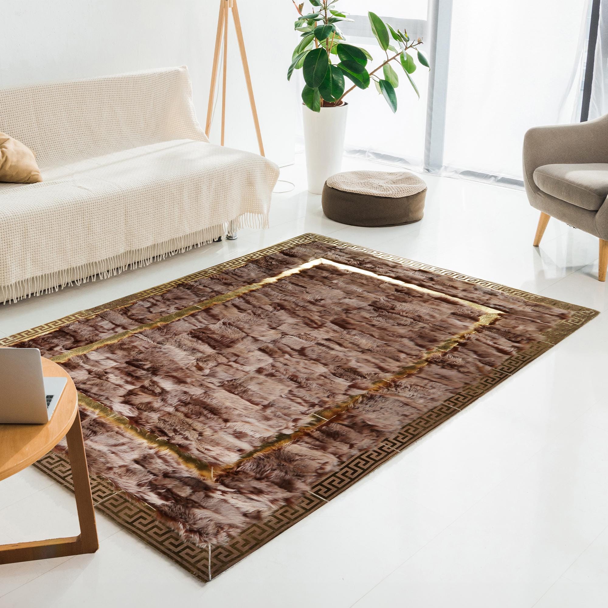 Tuscan Leather Area Rug – Handmade Brown Gold Carpet with Elegant Border, Genuine Luxury Tuscan Rug, Custom Size Living Room Floor Decor