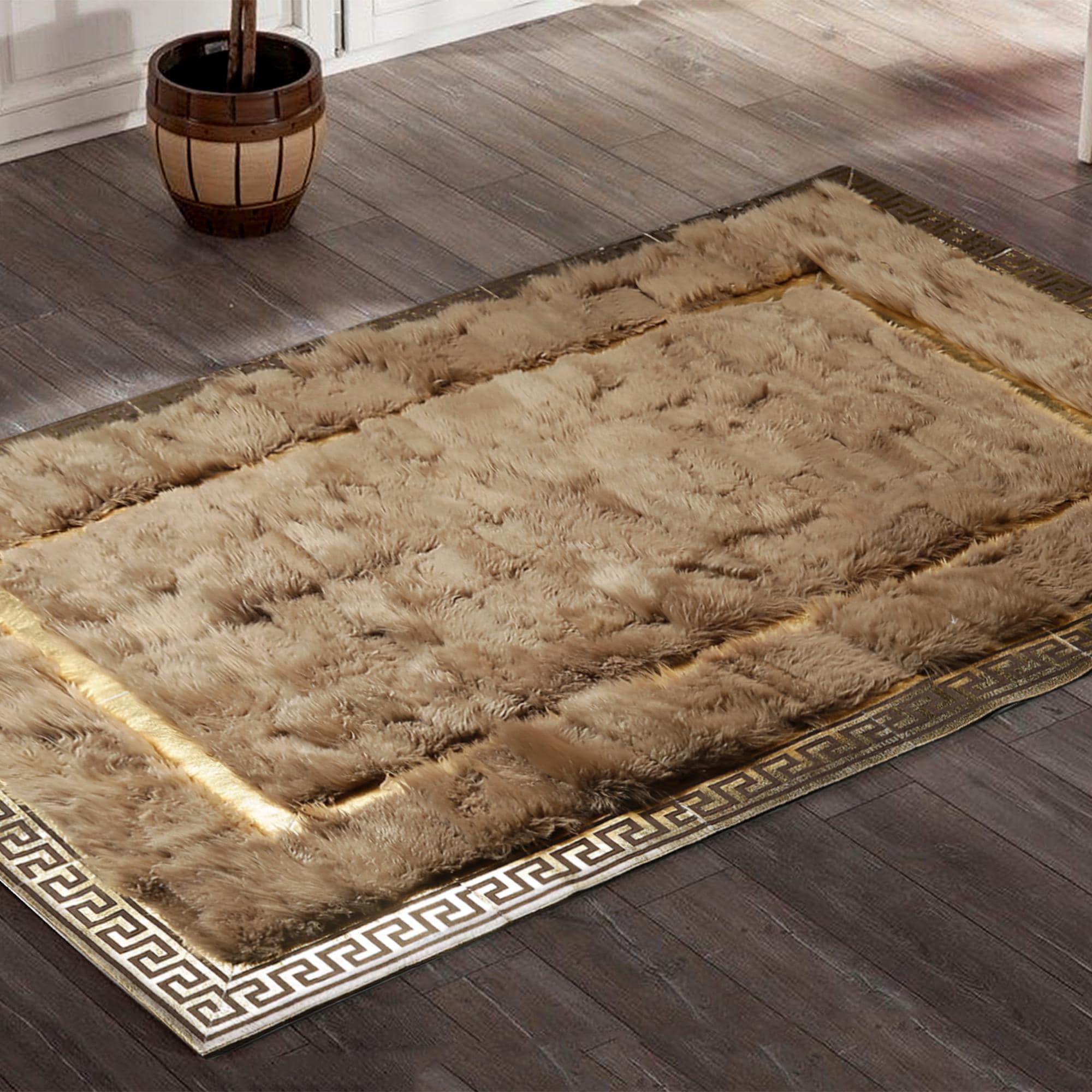 Light Brown Sheepskin Rug with Gold Frame, Natural Sheepskin Fur Rug, Tan & Gold Tuscan Rug, Soft Fur Rug, Gold Bordered Real Tuscan Fur Rug