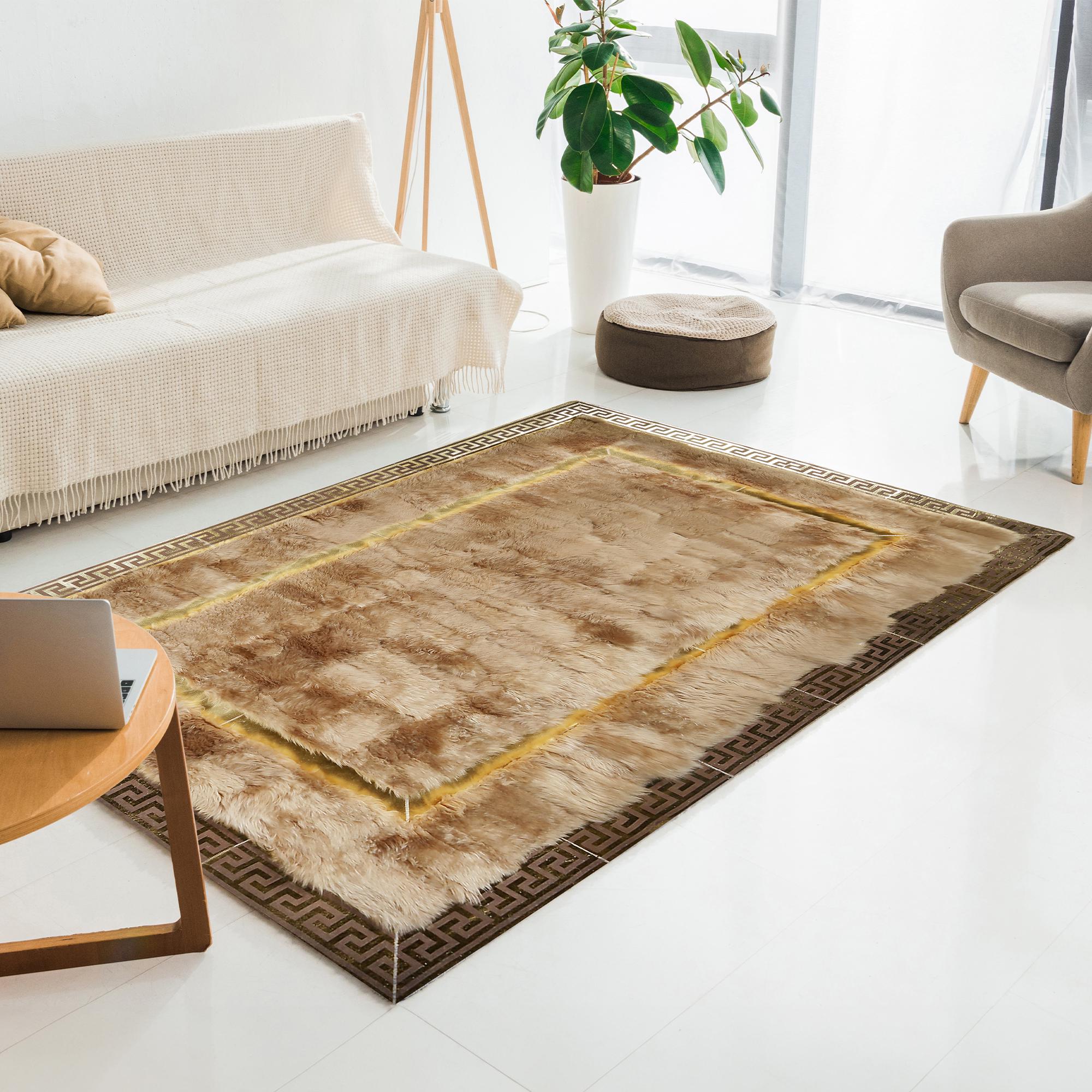 Light Brown Sheepskin Rug with Gold Frame, Natural Sheepskin Fur Rug, Tan & Gold Tuscan Rug, Soft Fur Rug, Gold Bordered Real Tuscan Fur Rug
