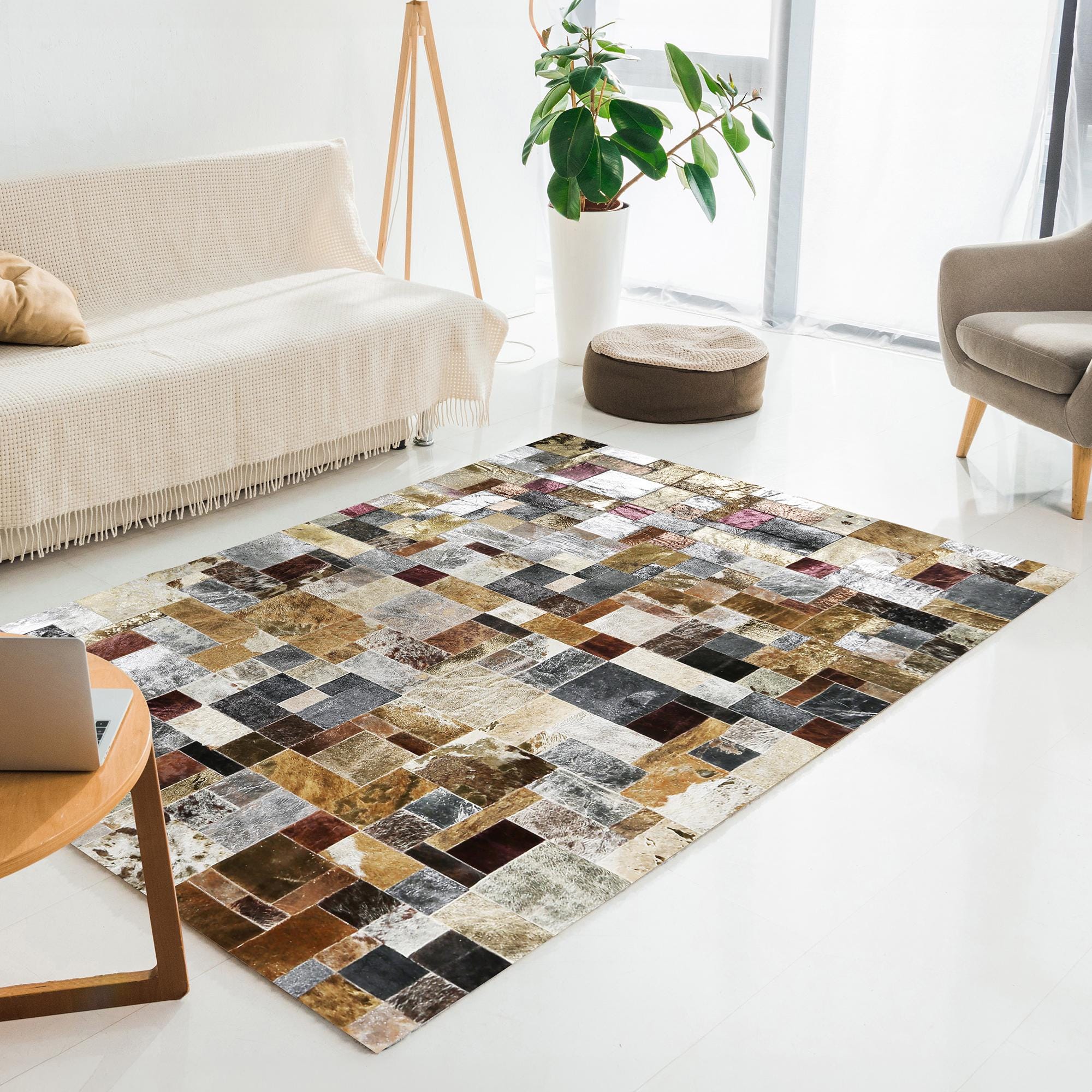 Multicolor Metallic Cowhide Patchwork Rug, Handmade Genuine Leather Area Carpet, Luxury Natural Cowhide Rug for Living Room