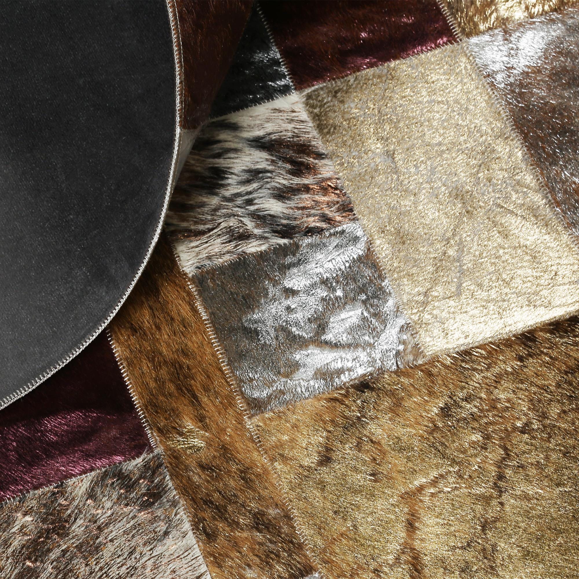 Multicolor Metallic Cowhide Patchwork Rug, Handmade Genuine Leather Area Carpet, Luxury Natural Cowhide Rug for Living Room