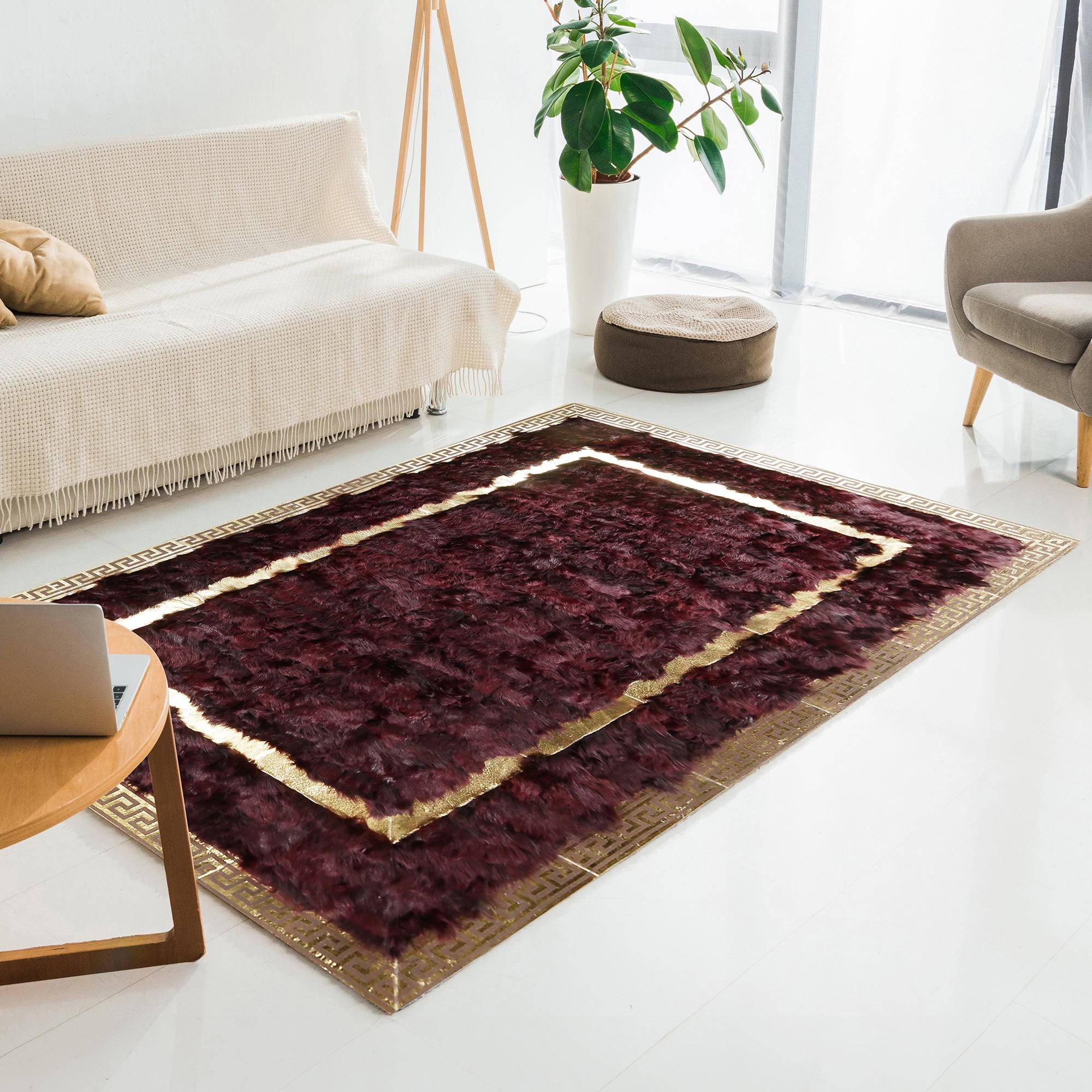 Burgundy Tuscan Area Rug – Handmade Genuine Tuscan Leather Carpet with Gold Border, Luxury Custom Size Rug for Living Room & Bedroom