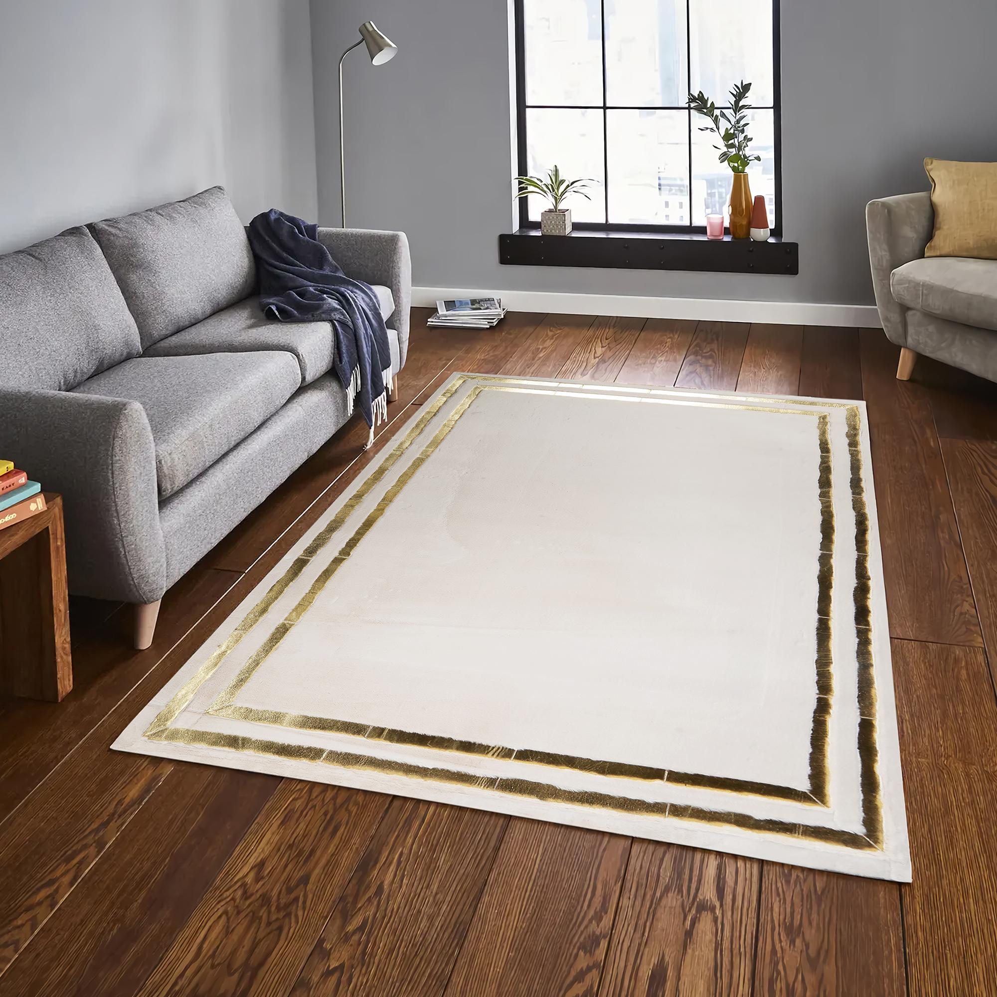 White Plush Area Rug with Gold Border