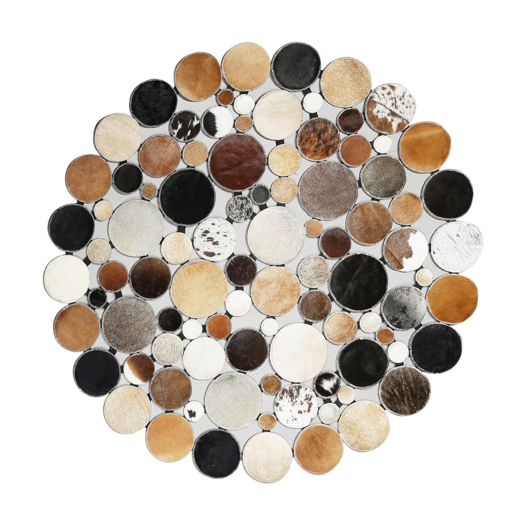 Round Multicolor Polkadot Cowhide Rug, Handmade Patchwork Leather Carpet