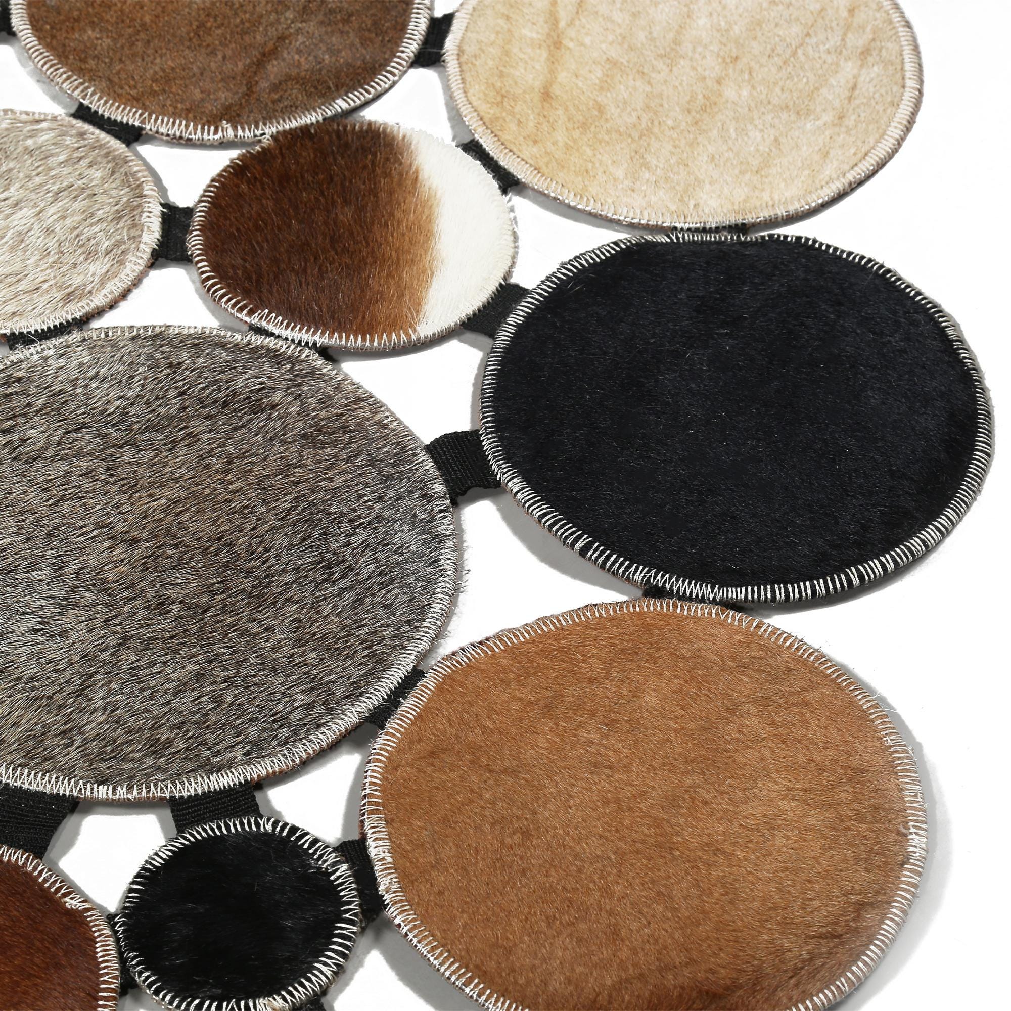 Round Multicolor Polkadot Cowhide Rug, Handmade Patchwork Leather Carpet