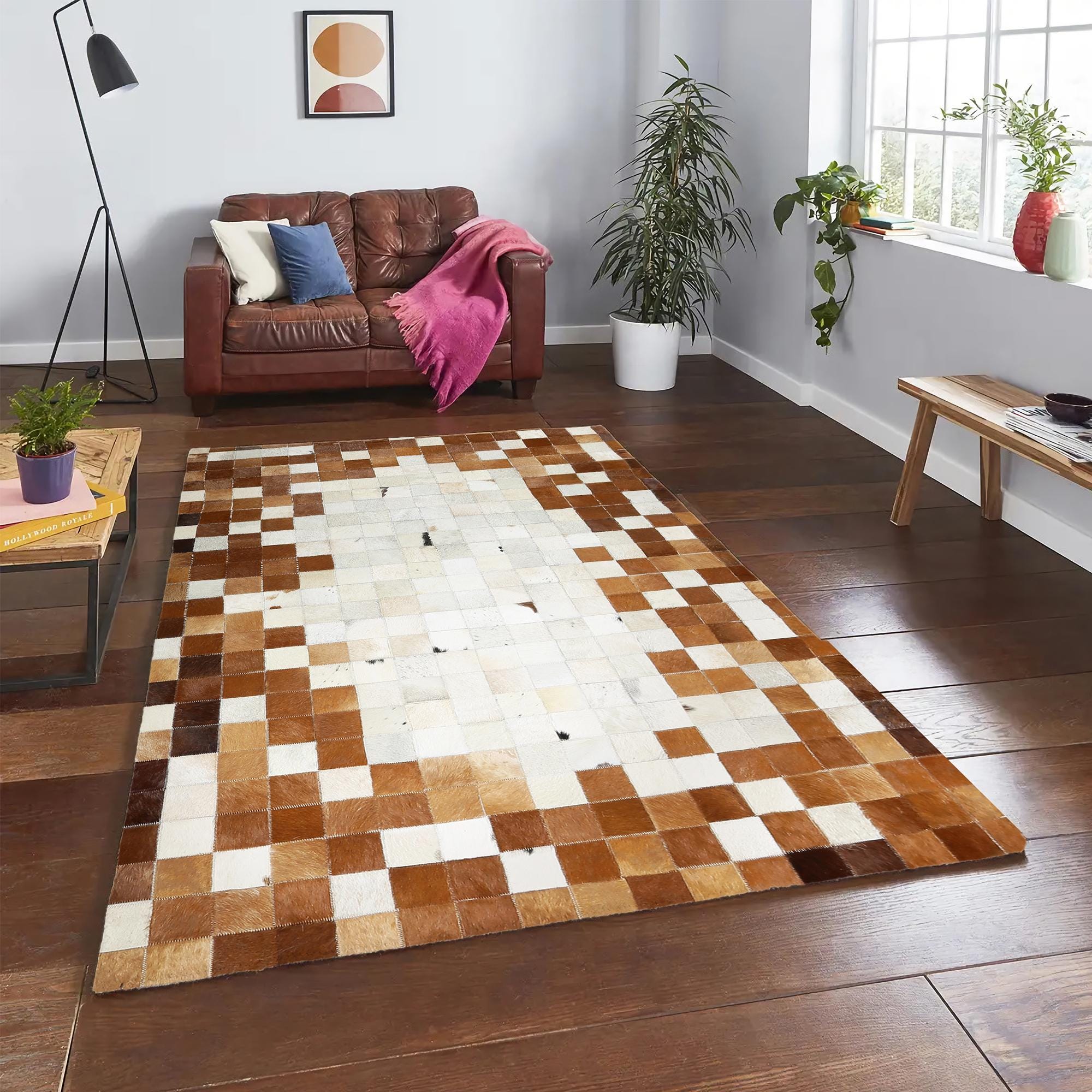 Brown & White Checkered Pattern Patchwork Calfskin Carpet