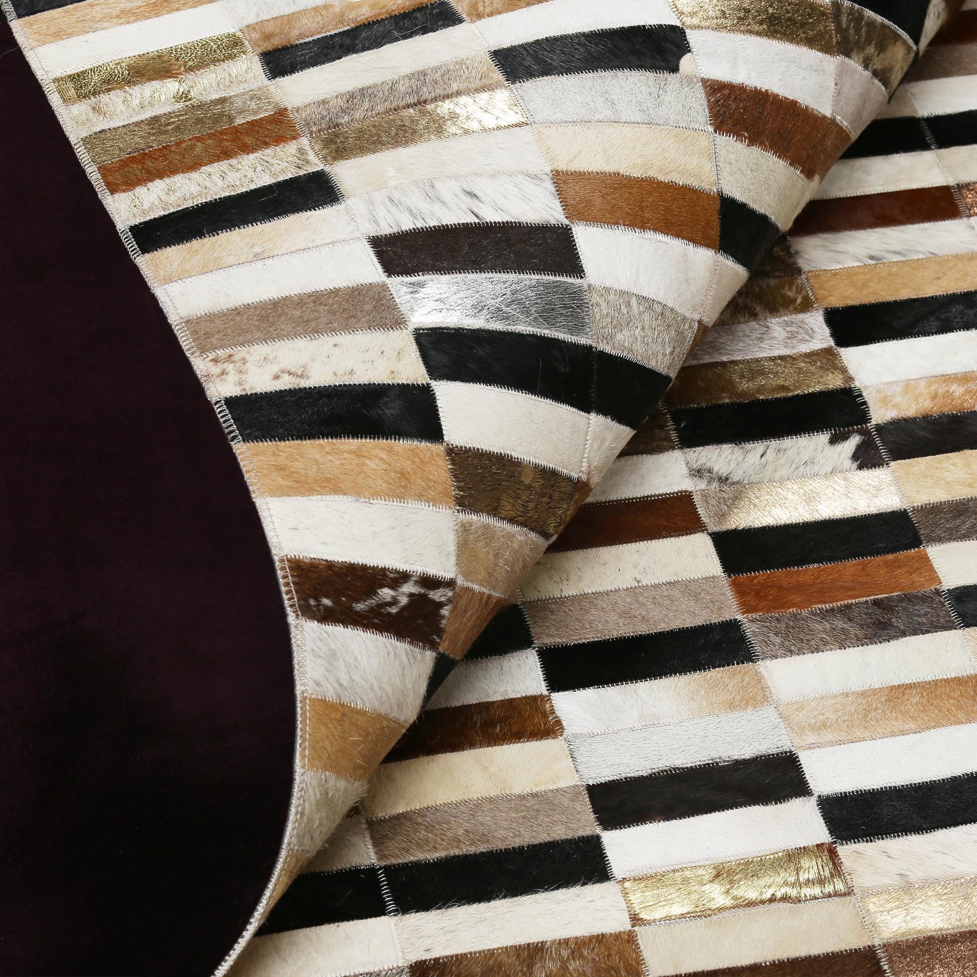 Colorful Patchwork Gold Detailed Cowhide Rug, Large Area Rug