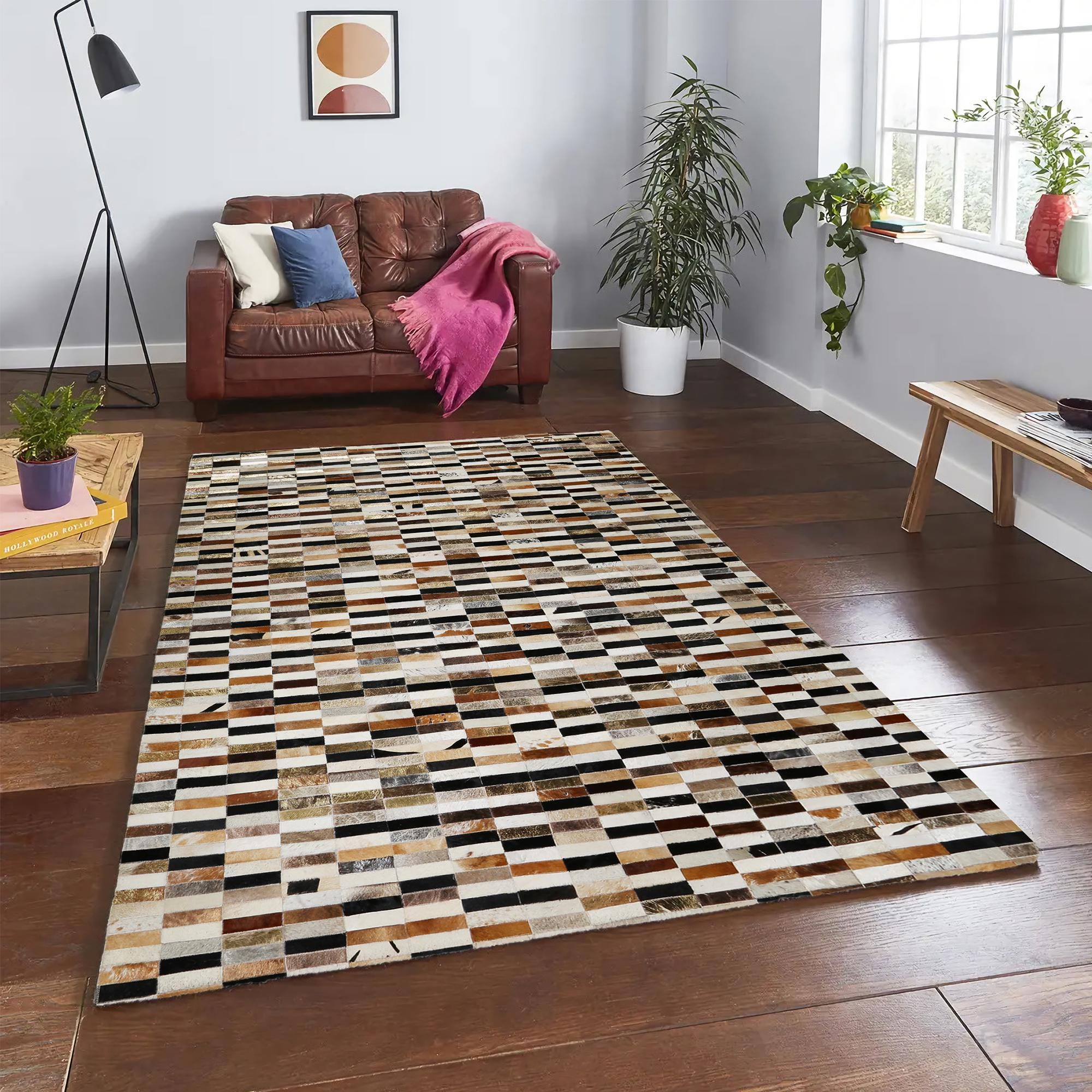 Colorful Patchwork Gold Detailed Cowhide Rug, Large Area Rug