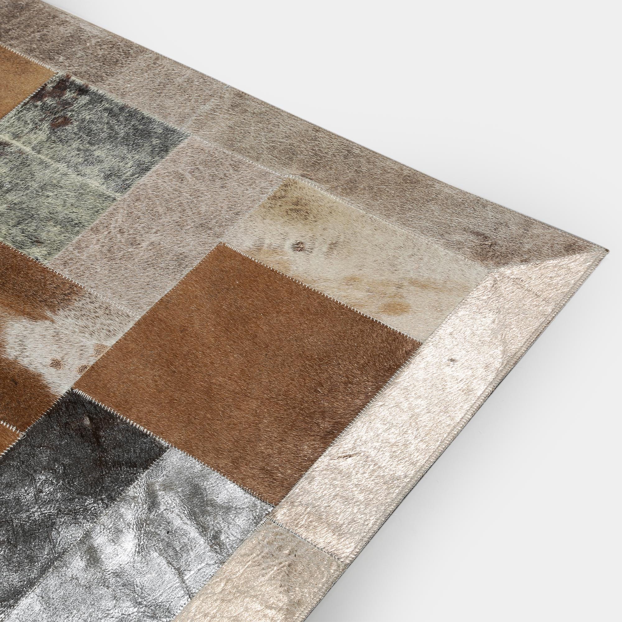 Silver and Bronze Leaf Natural Cowhide Rug, Handmade Leather Carpet