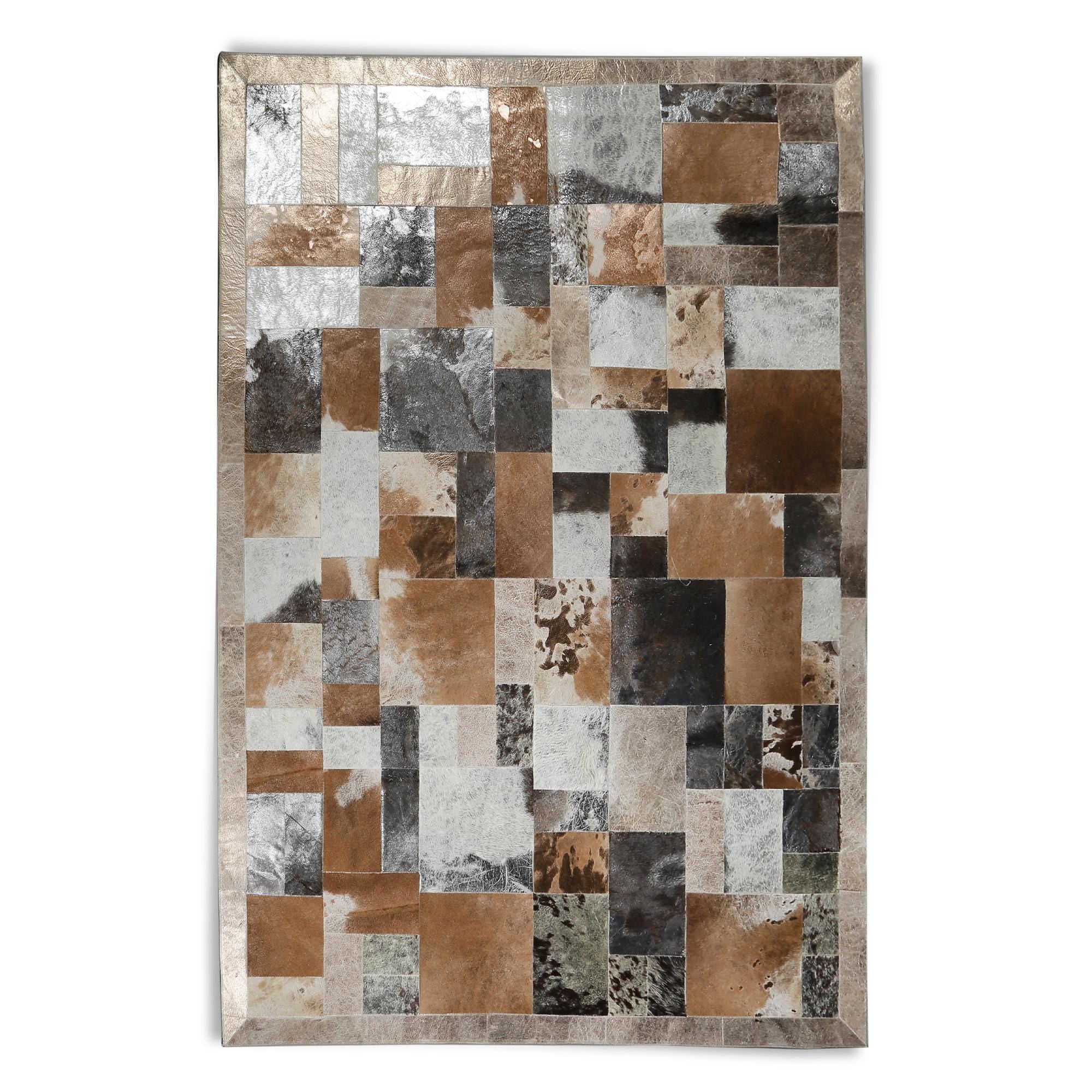 Silver and Bronze Leaf Natural Cowhide Rug, Handmade Leather Carpet