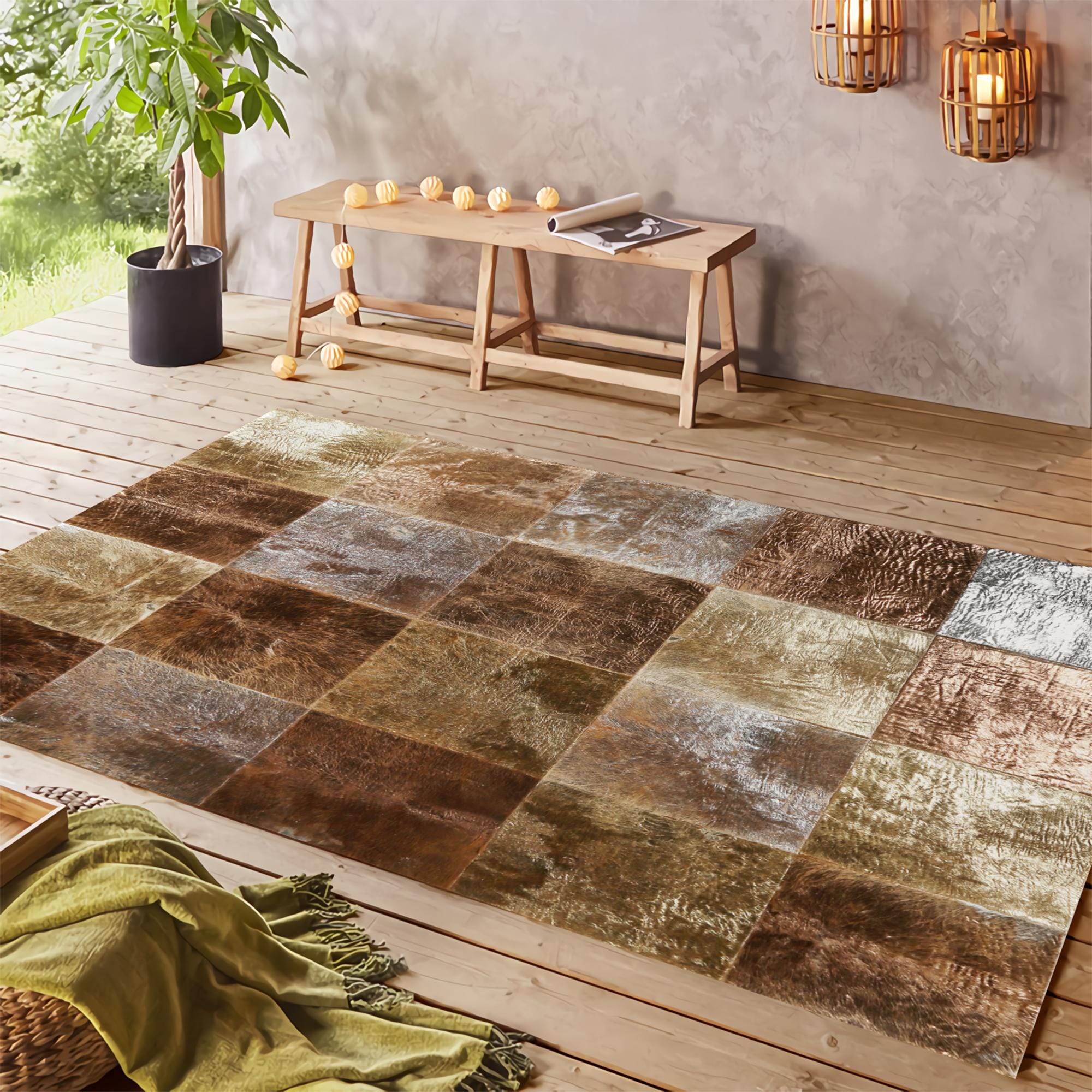 Bronze & Copper Leaf Natural Cowhide Patchwork Rug