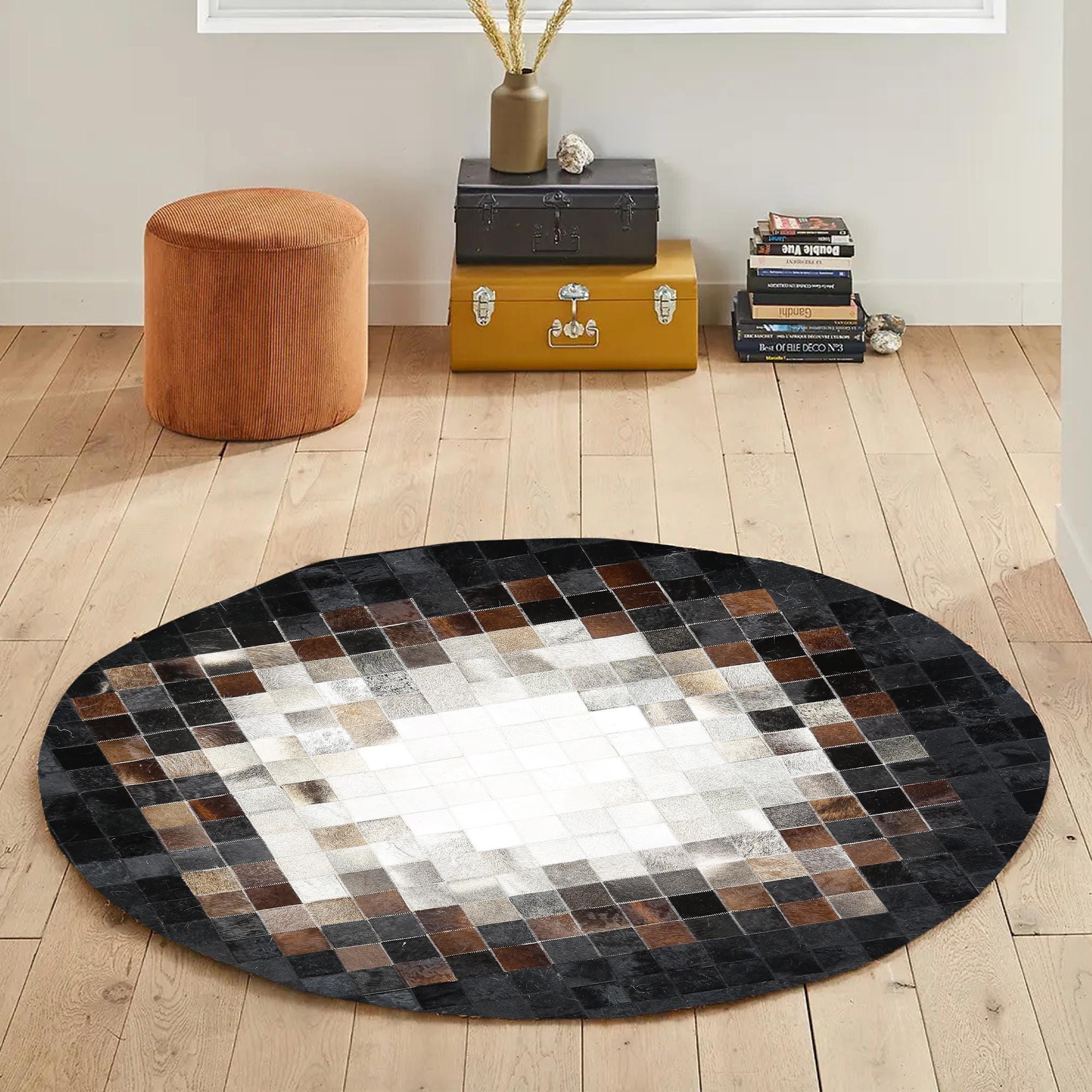 Round Black Brown and White Cowhide Rug, Handmade Patchwork Leather Carpet