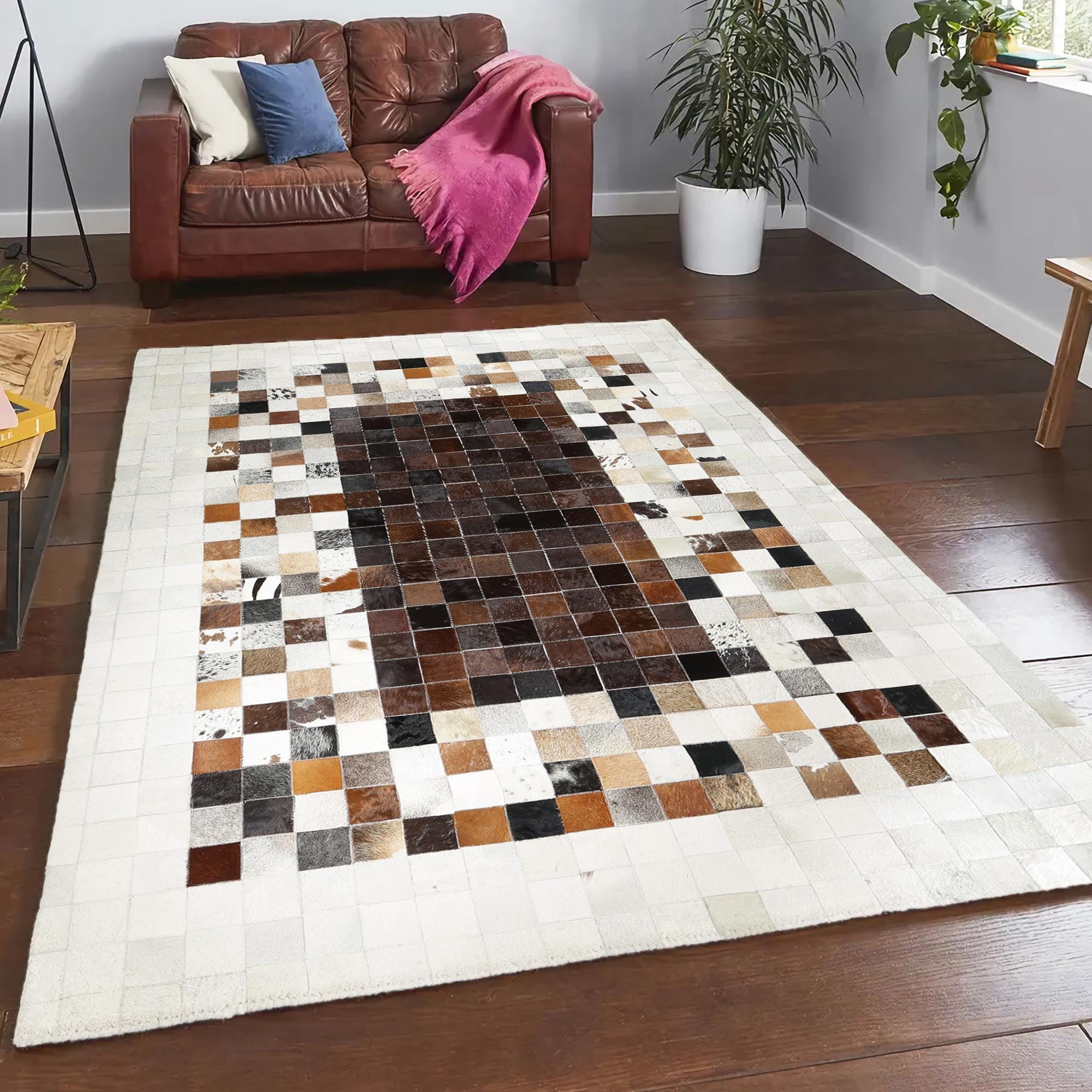 Cream Border Cowhide Patchwork Rug, Handmade Genuine Leather Carpet, Natural Brown and Black Cowhide Area Rug for Living Room