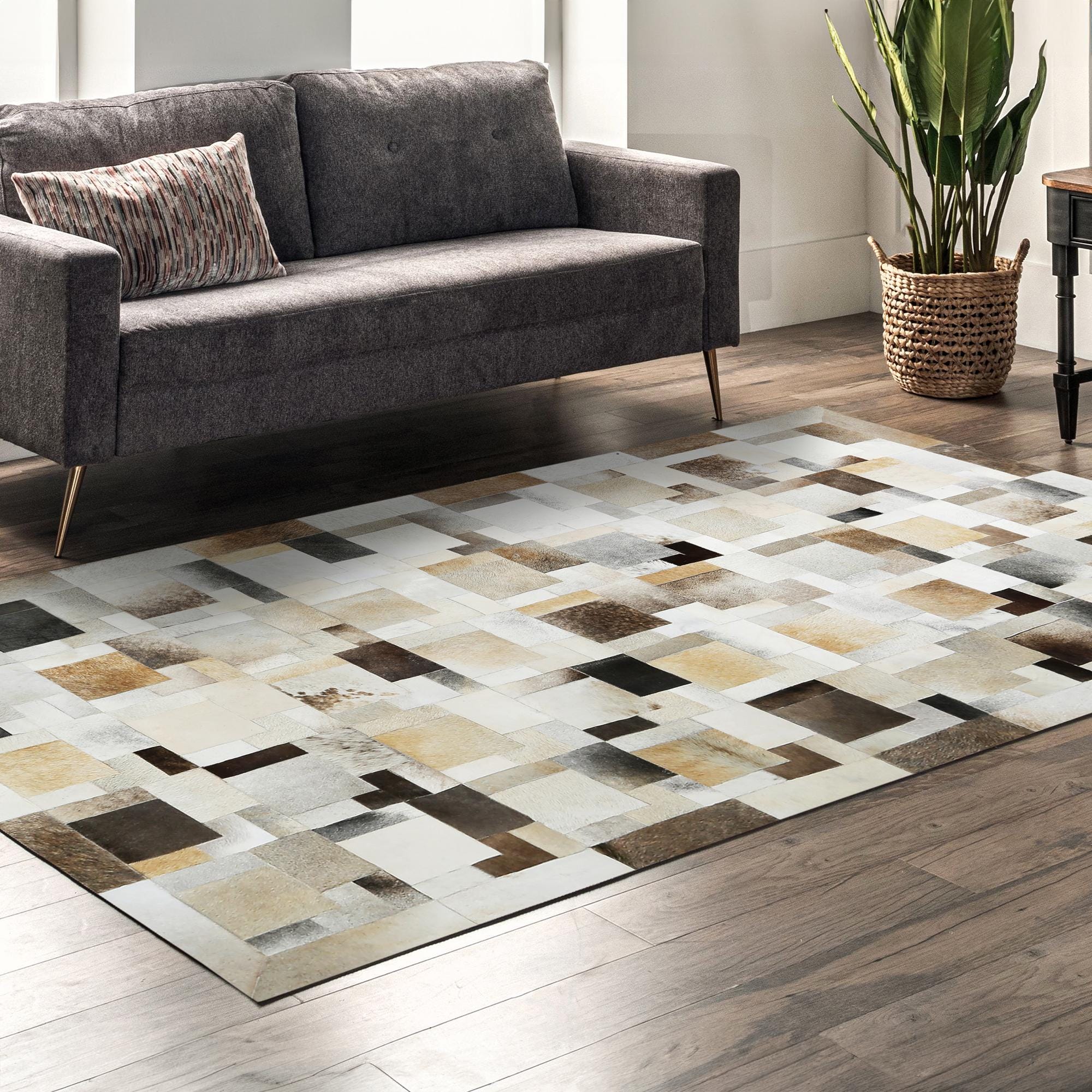 Beige and Brown Cowhide Patchwork Rug, Handmade Genuine Leather Area Carpet