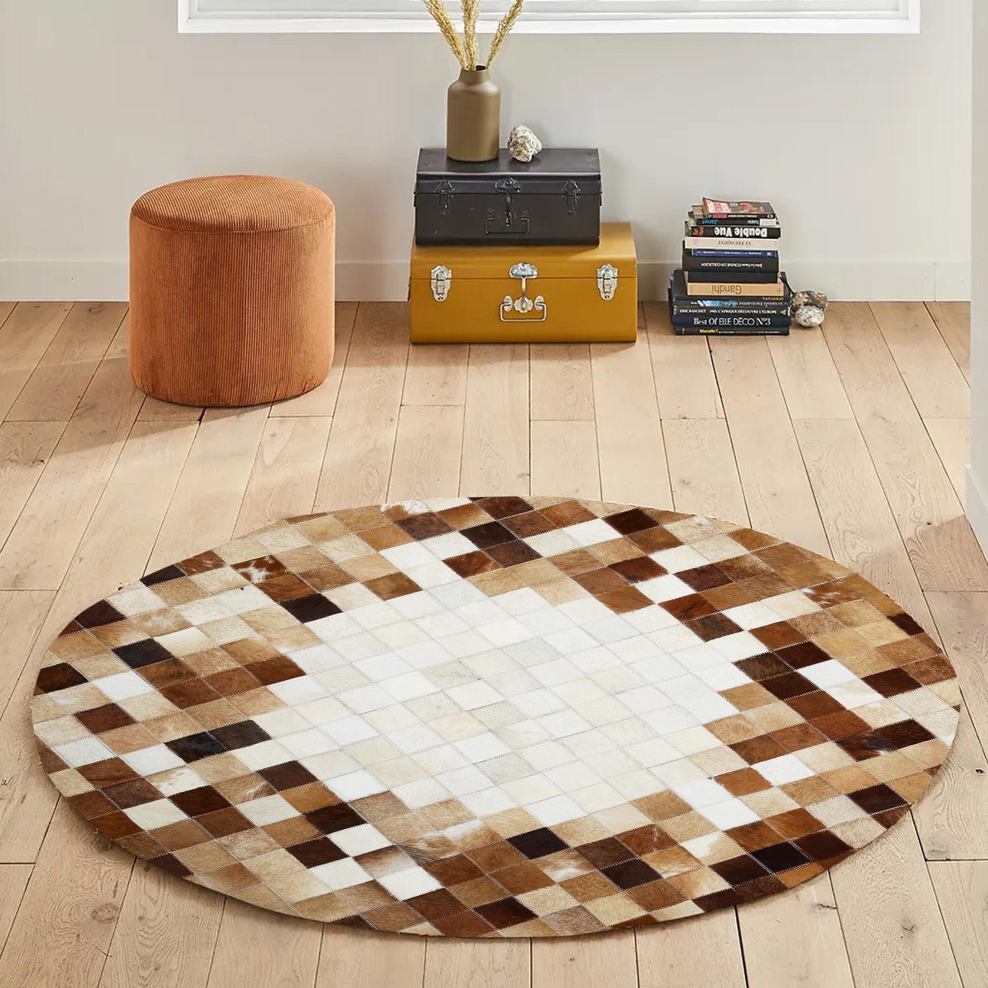 Round Brown and White Cowhide Rug, Handmade Patchwork Leather Carpet