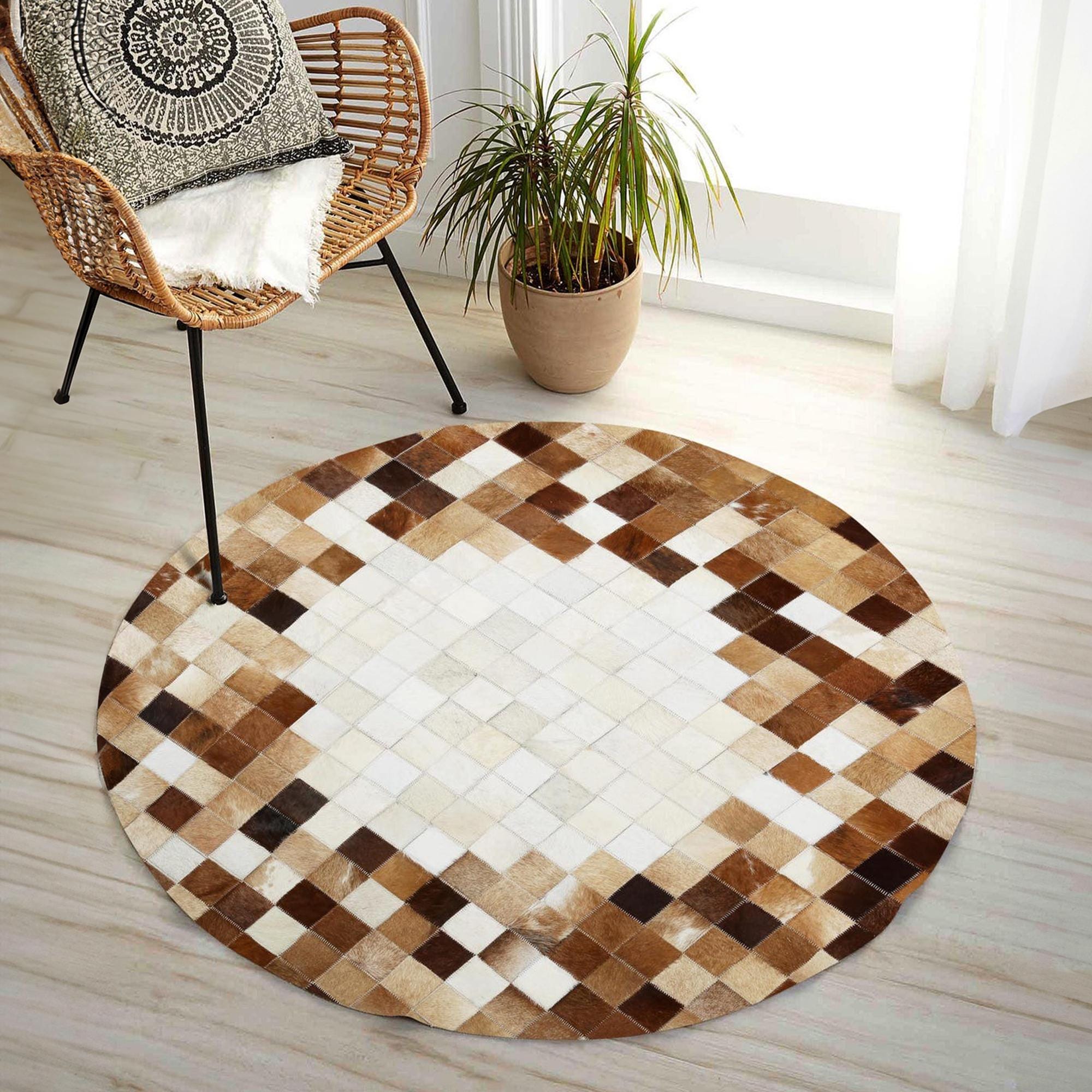 Round Brown and White Cowhide Rug, Handmade Patchwork Leather Carpet