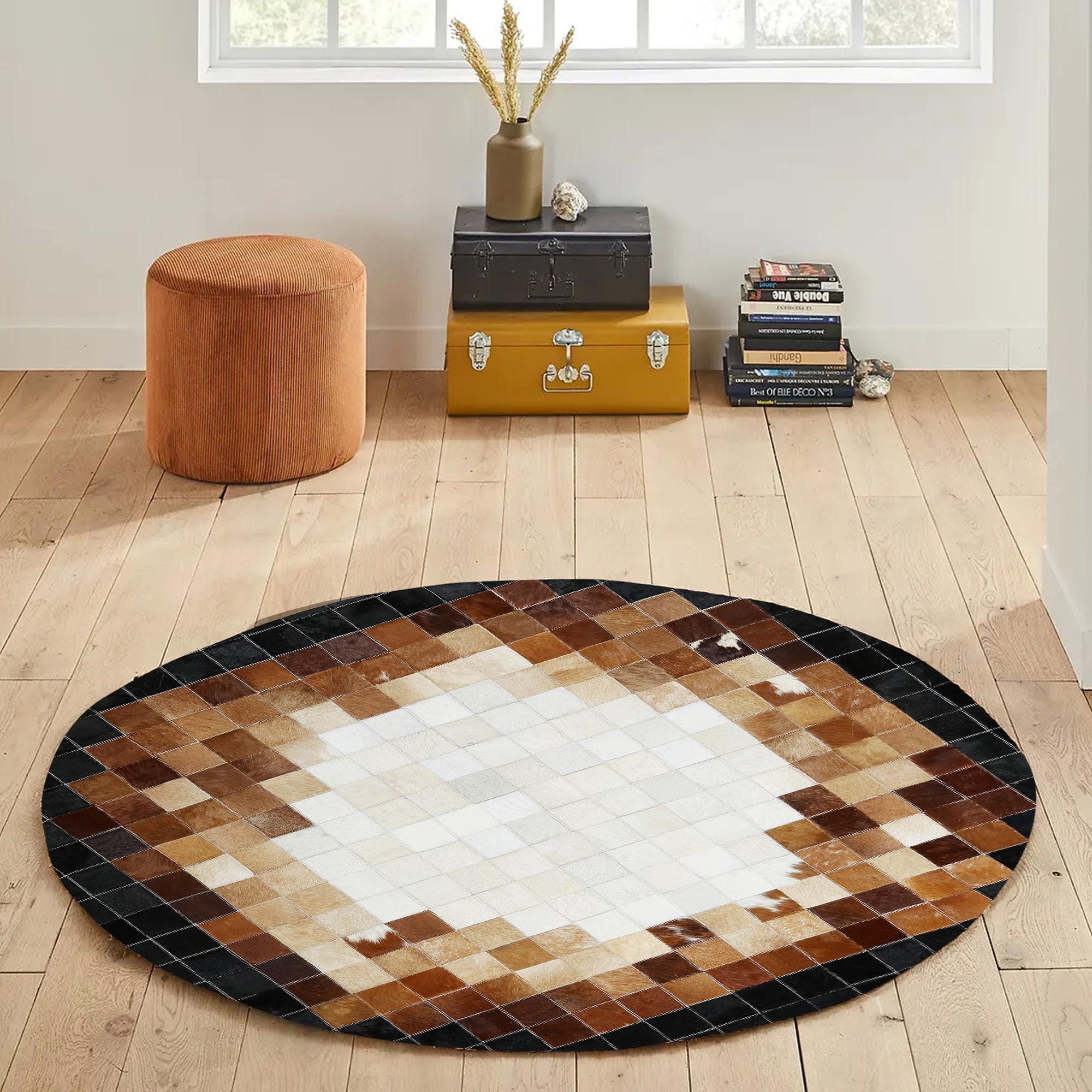Round Brown and White Cowhide Rug, Handmade Patchwork Leather Carpet