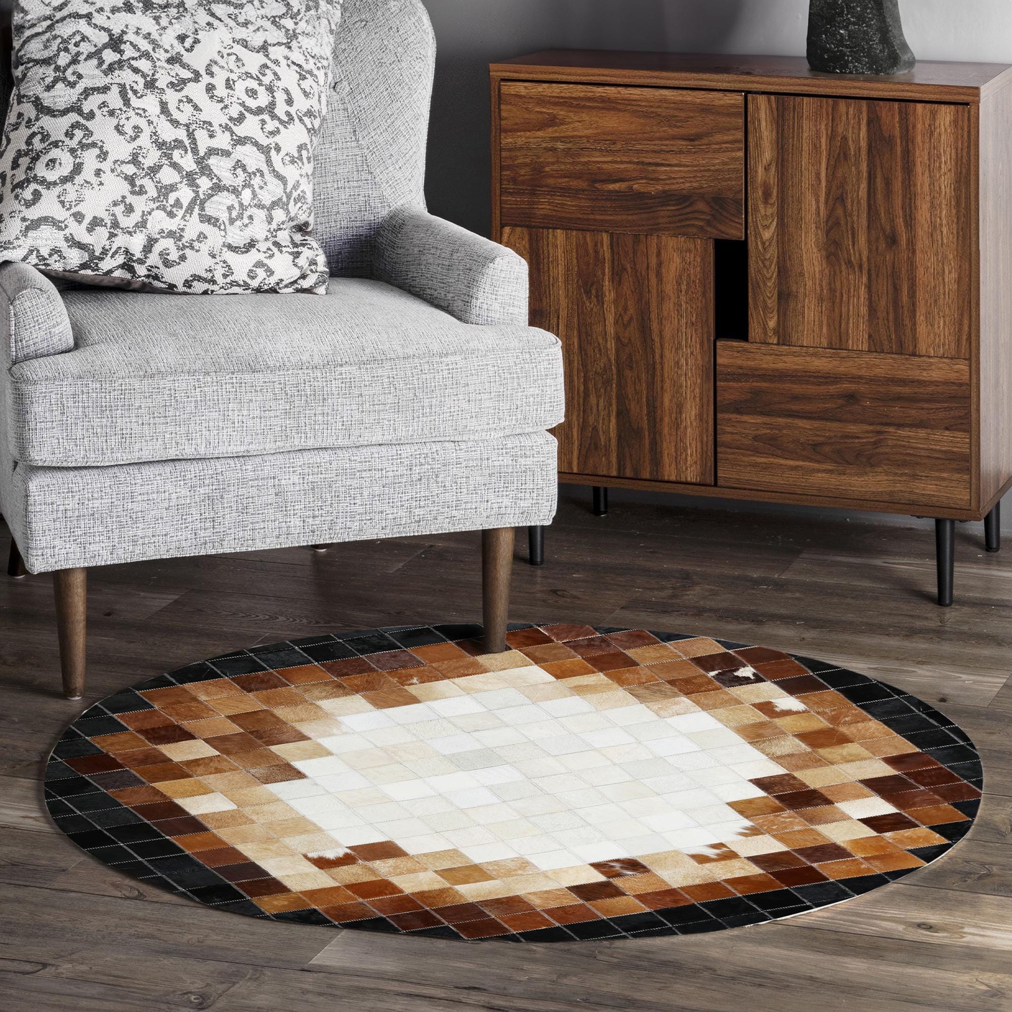 Round Brown and White Cowhide Rug, Handmade Patchwork Leather Carpet