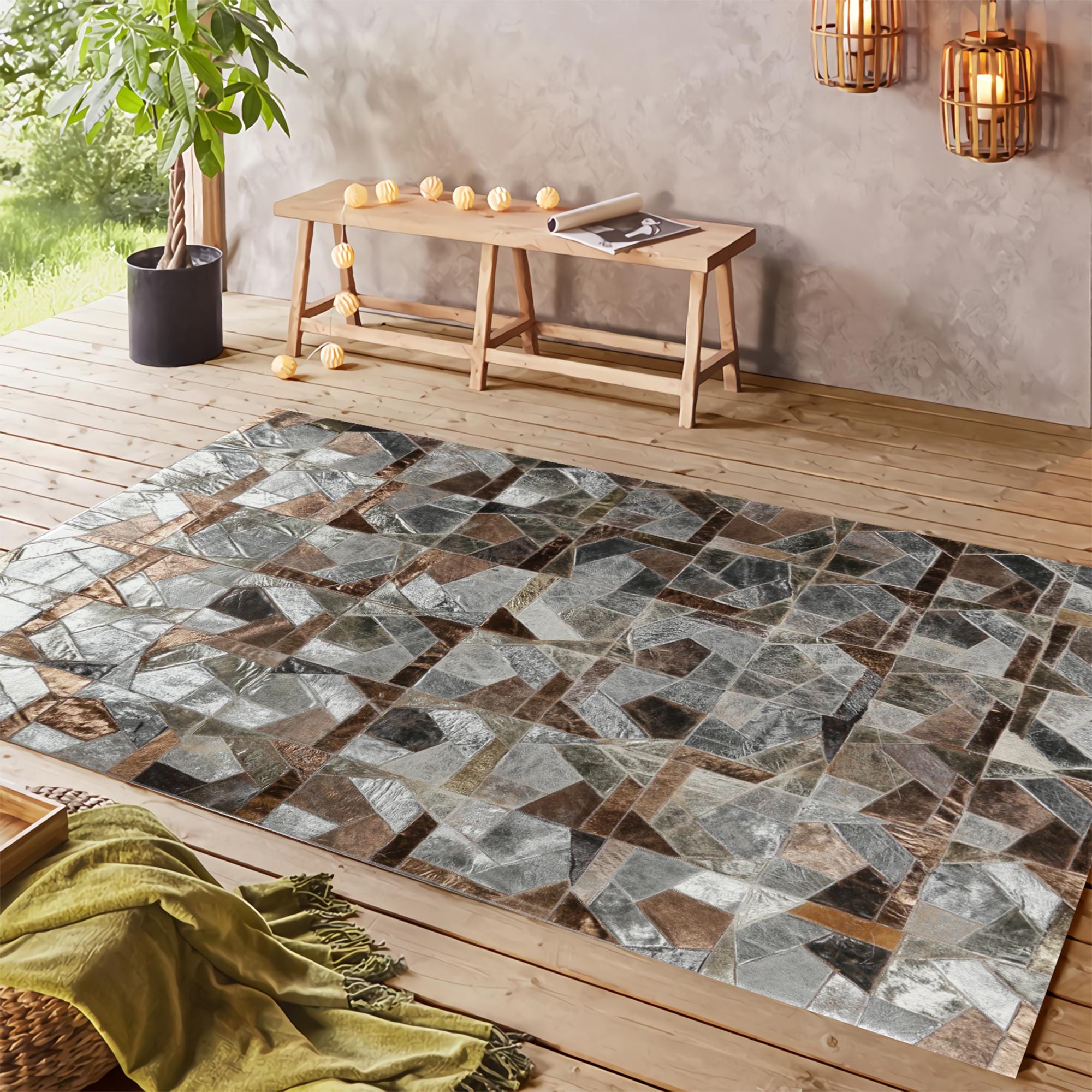 Silver and Brown Geometric Cowhide Patchwork Rug, Handmade Genuine Leather Carpet