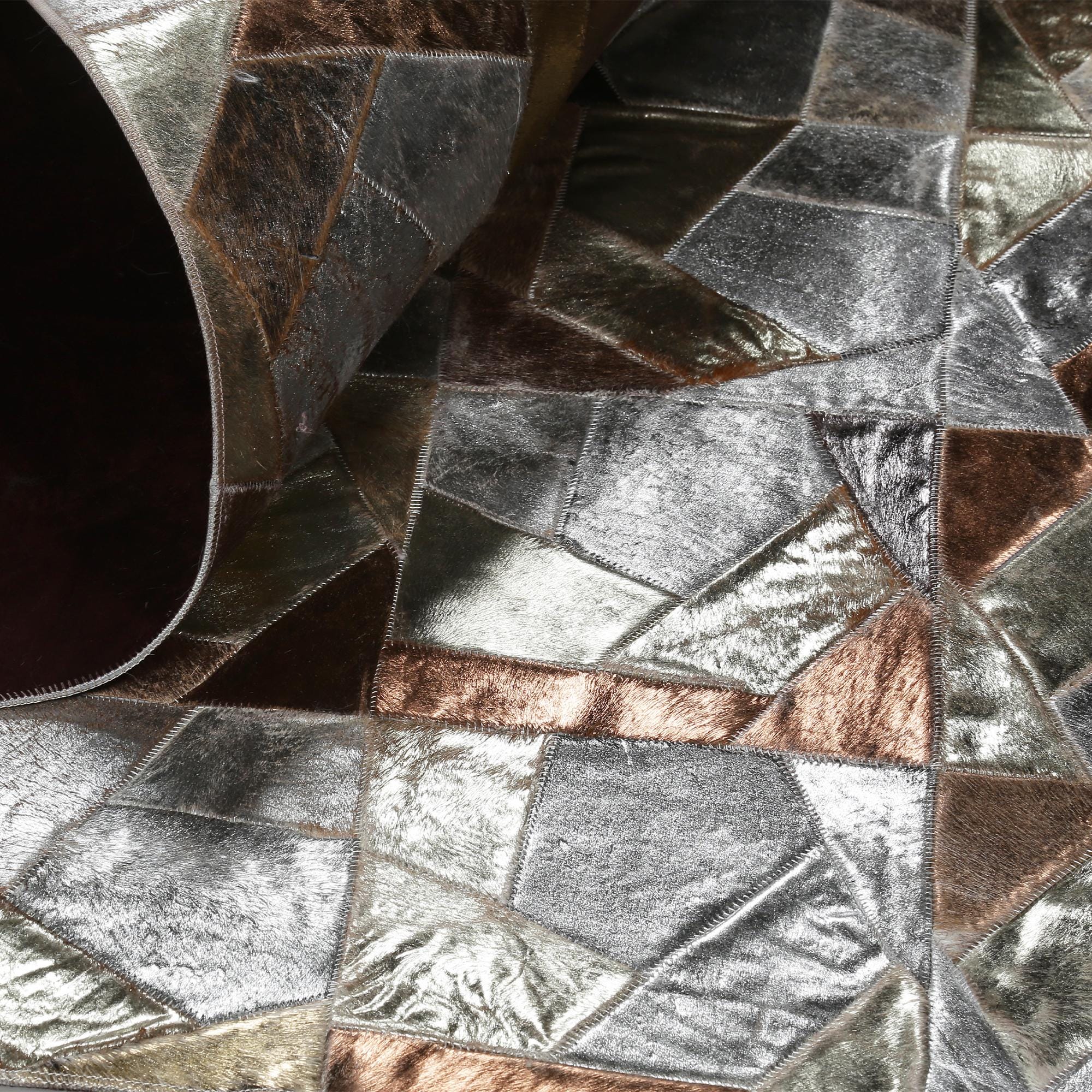 Silver and Brown Geometric Cowhide Patchwork Rug, Handmade Genuine Leather Carpet