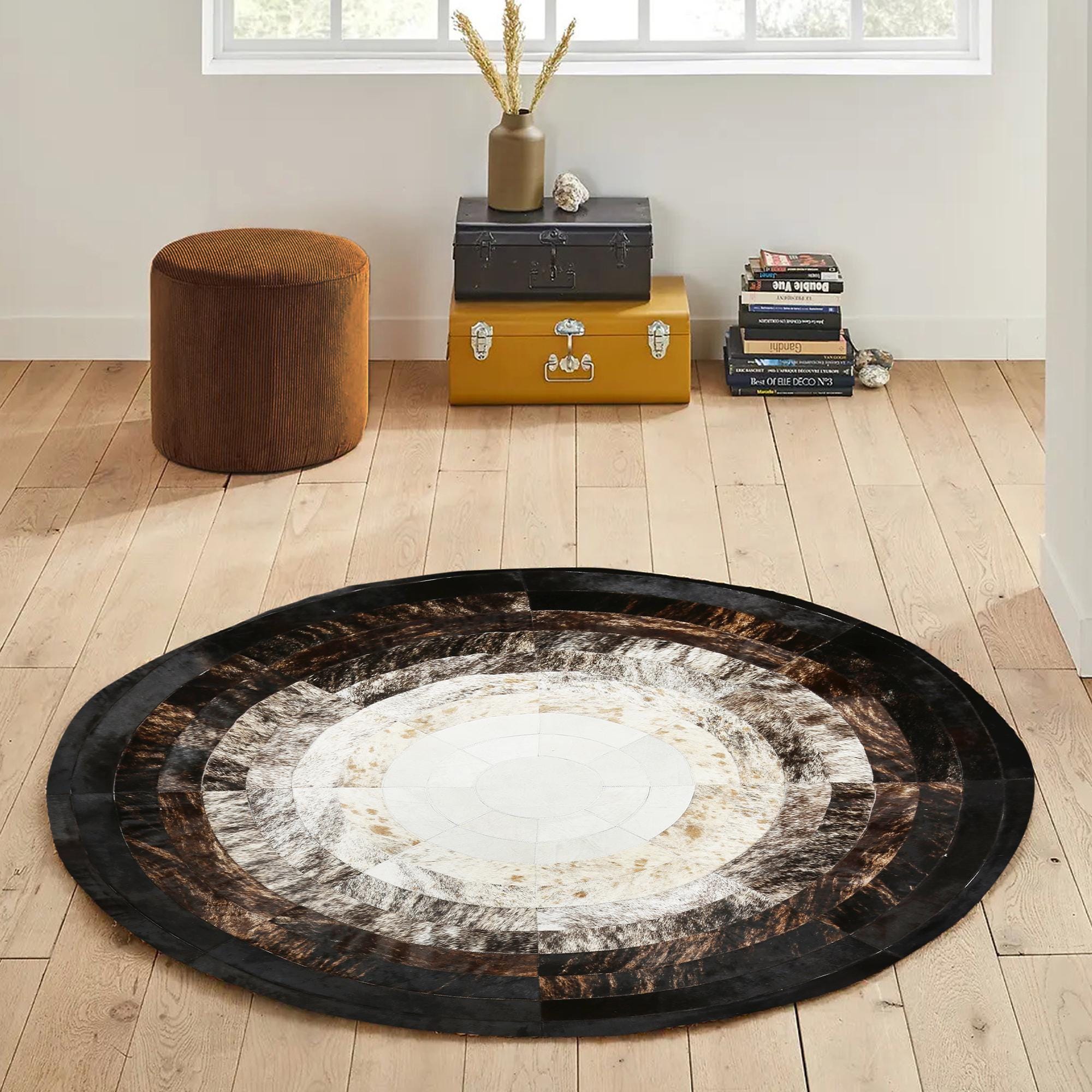 Round Brown and White Cowhide Rug, Handmade Patchwork Leather Carpet
