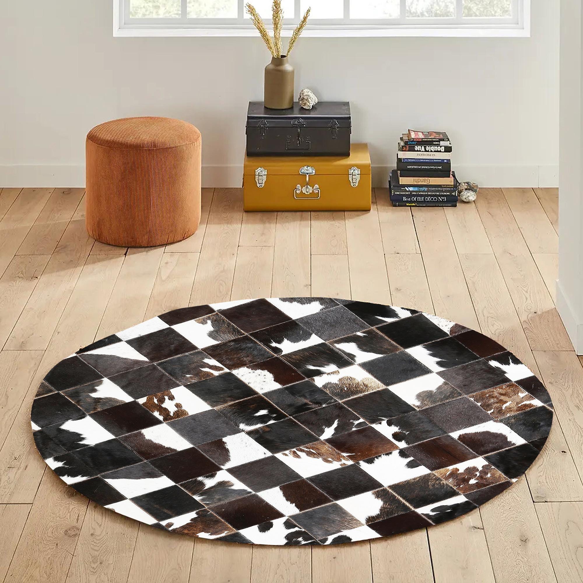 Round Patchwork Cowhide Rug, Brown and White Handmade Leather Carpet